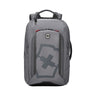 The Victorinox Touring 2.0 Commuter Backpack by VICTORINOX is a sleek gray backpack with a shield and cross logo, water-resistant material, top handle, and sturdy straps. It features a streamlined design with concealed storage pockets and visible zippered compartments.
