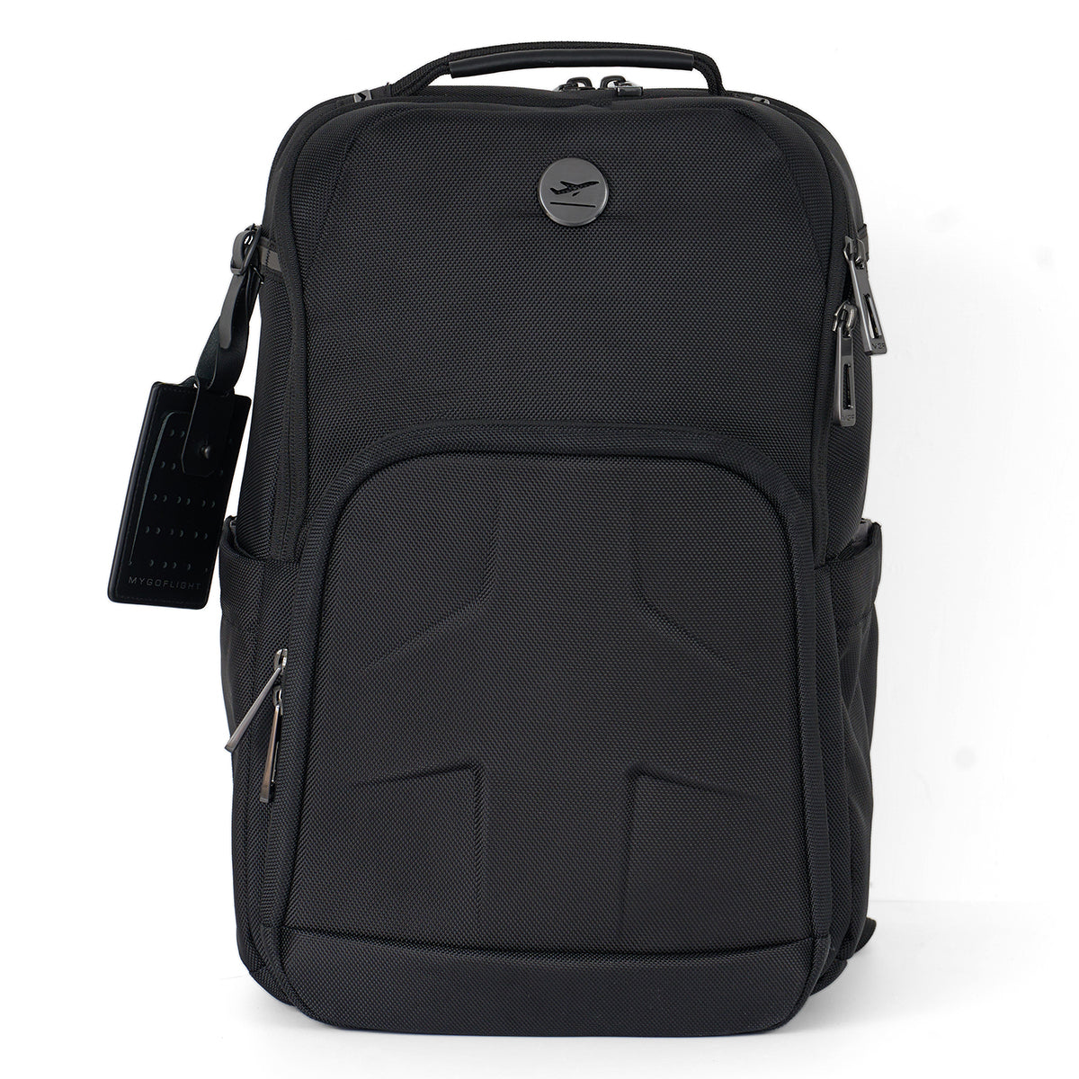 The BOEING Flight Elevate Bag, shown in black against a white background, features multiple zippered compartments, a top handle, side pockets, and a luggage tag—making it an ideal, durable pilot flight bag or aviation backpack.