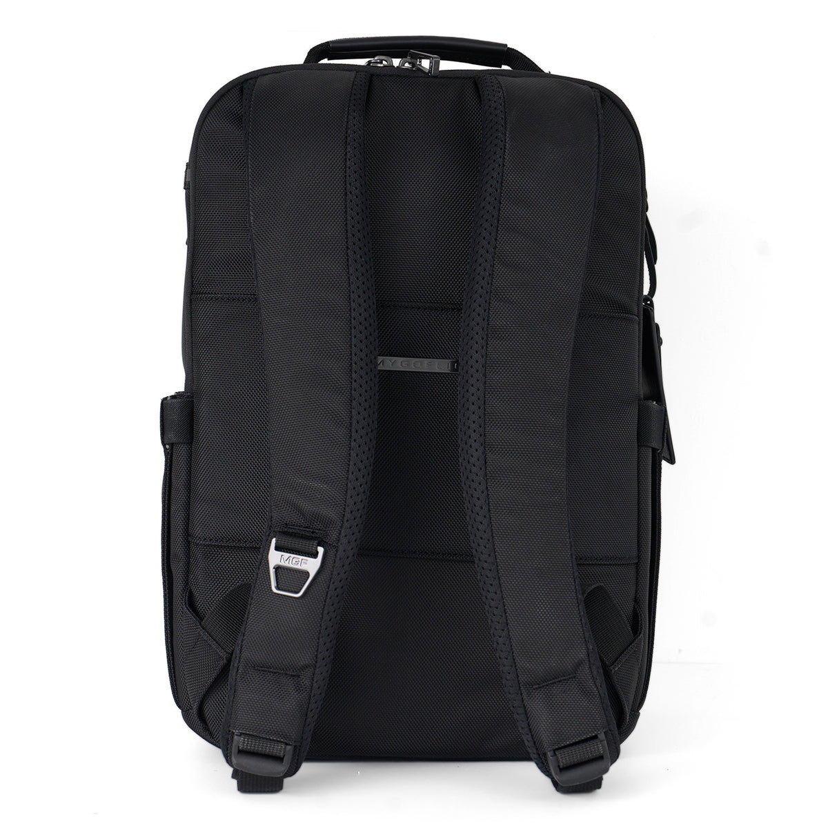 The BOEING MyGoFlight Elevate Bag is shown from the back, featuring two padded shoulder straps with a metal accent, a top handle, mesh padding for comfort, and subtle stitching details on this durable aviation backpack.