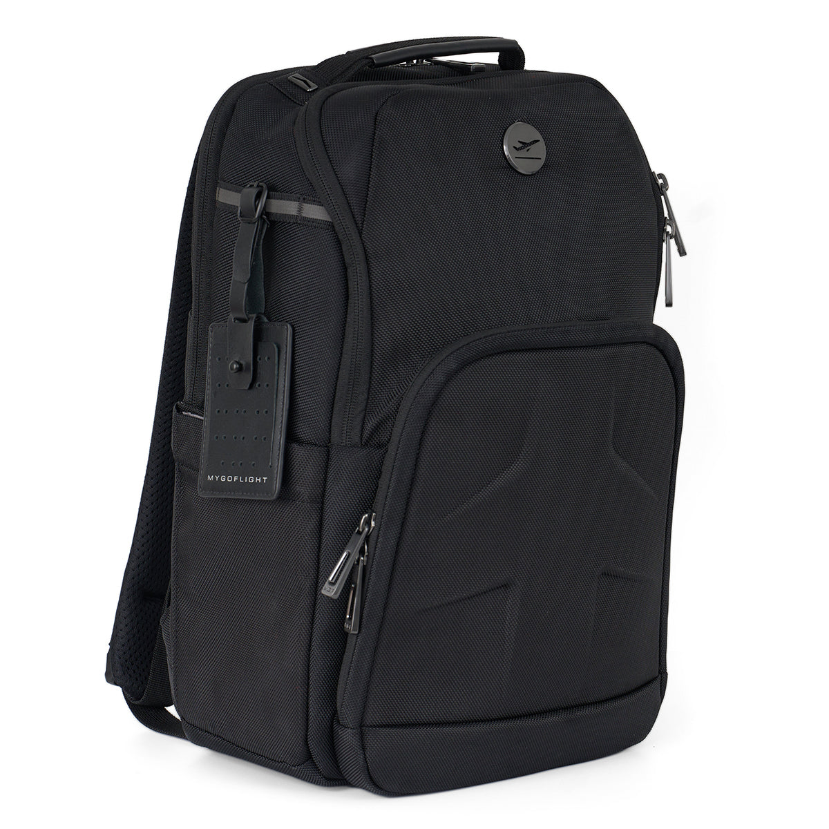 The BOEING MyGoFlight Elevate Bag is a sleek black backpack with multiple zippered compartments, a top handle, luggage tag, subtle raised front design, and metal zipper pulls—durable and ideal for any journey.