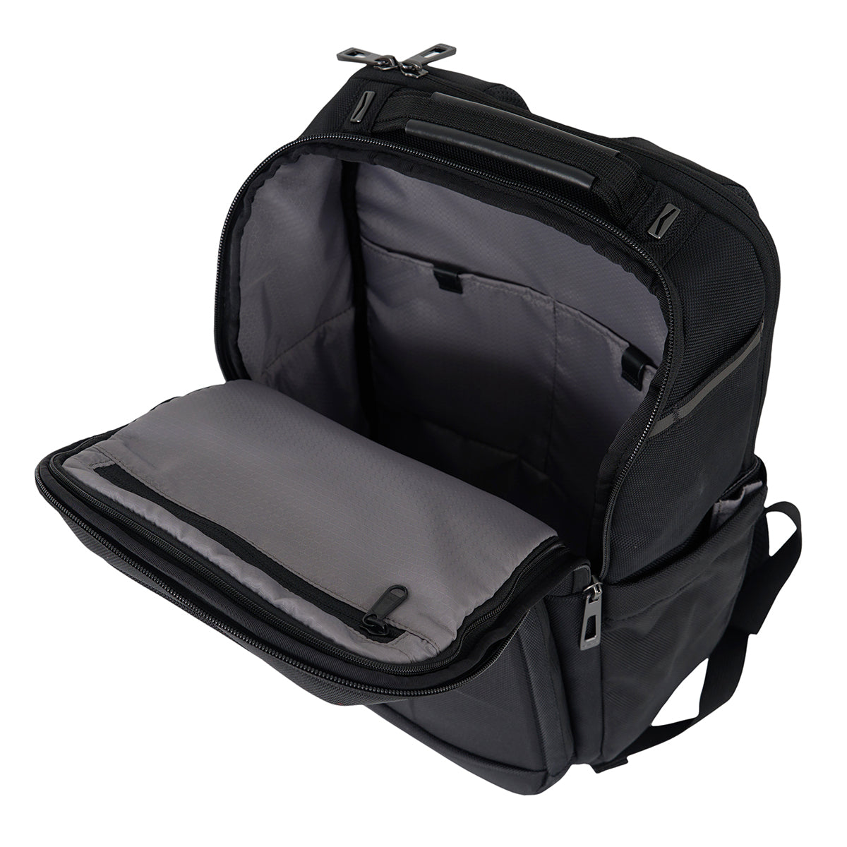 The BOEING MyGoFlight Elevate Bag features a spacious gray interior with multiple pockets and sections for organization, making it a durable aviation backpack or pilot flight bag.