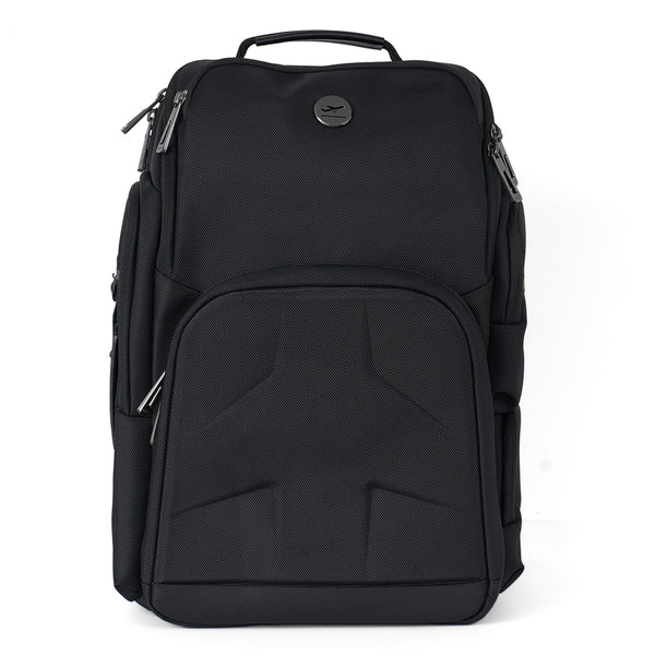 The BOEING MyGoFlight Pro Bag is a black aviator backpack with multiple zippered compartments, a top handle, a subtle geometric pattern on the front pocket, and a small circular logo near the top.