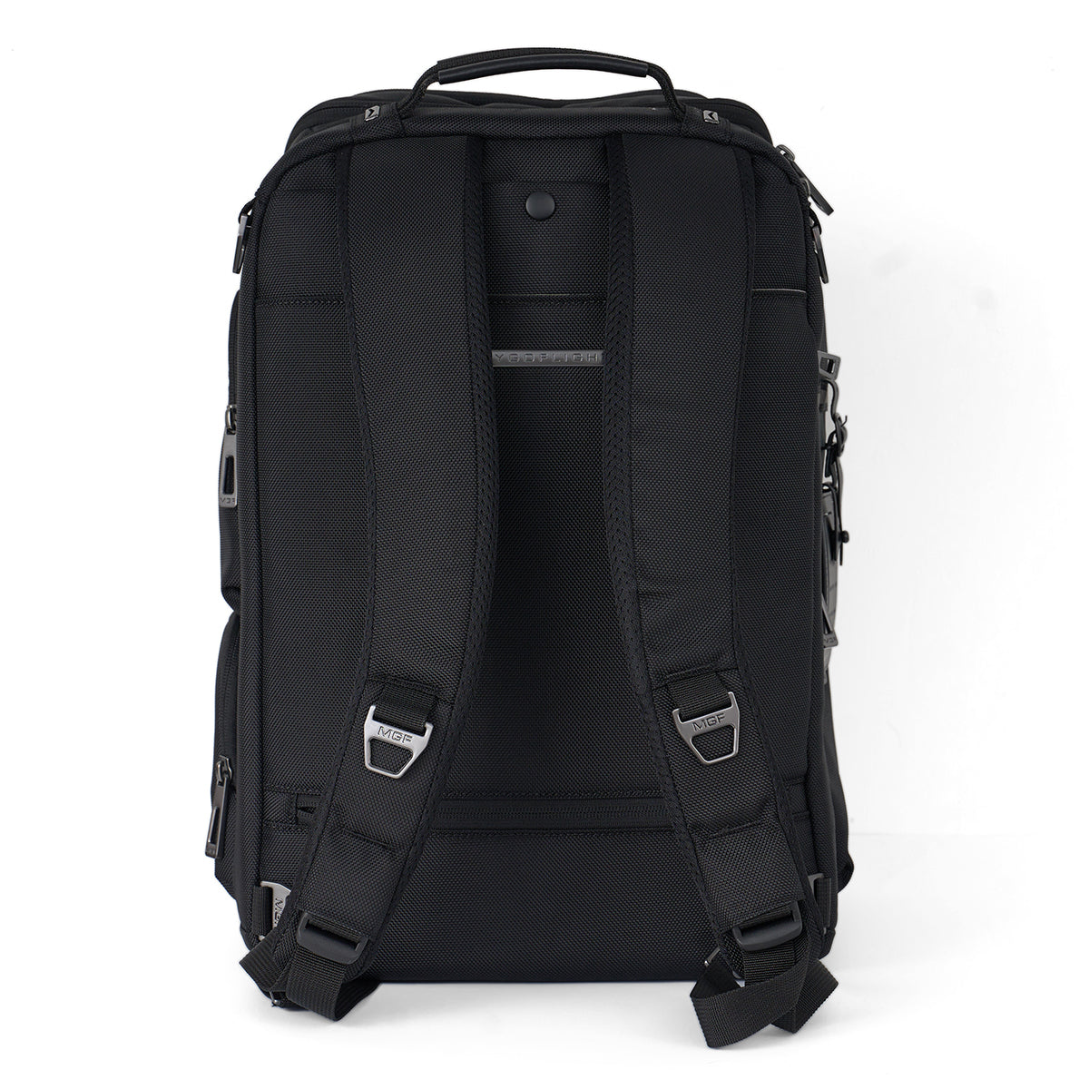 The BOEING MyGoFlight Pro Bag is a black backpack made from durable ballistic nylon, featuring adjustable padded shoulder straps, a top handle, metal buckles and zippers—perfect as a sleek pilot gear bag.