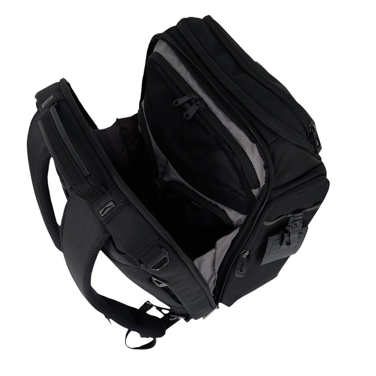 A black BOEING MyGoFlight Pro Bag is shown open from above, displaying multiple compartments and zippered pockets. It features padded straps and a durable ballistic nylon exterior, perfect for organizing and carrying pilot gear.