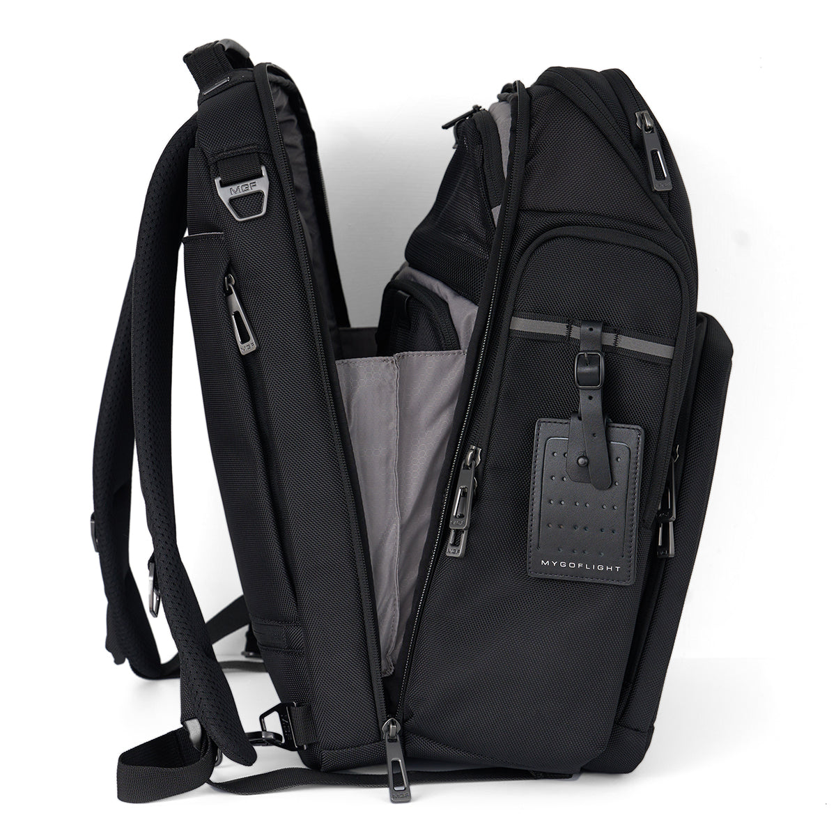 The BOEING MyGoFlight Pro Bag, made of durable ballistic nylon, stands upright with its main compartment open to reveal organized pockets. It features adjustable padded straps and a front pocket with MYGOFLIGHT branding.