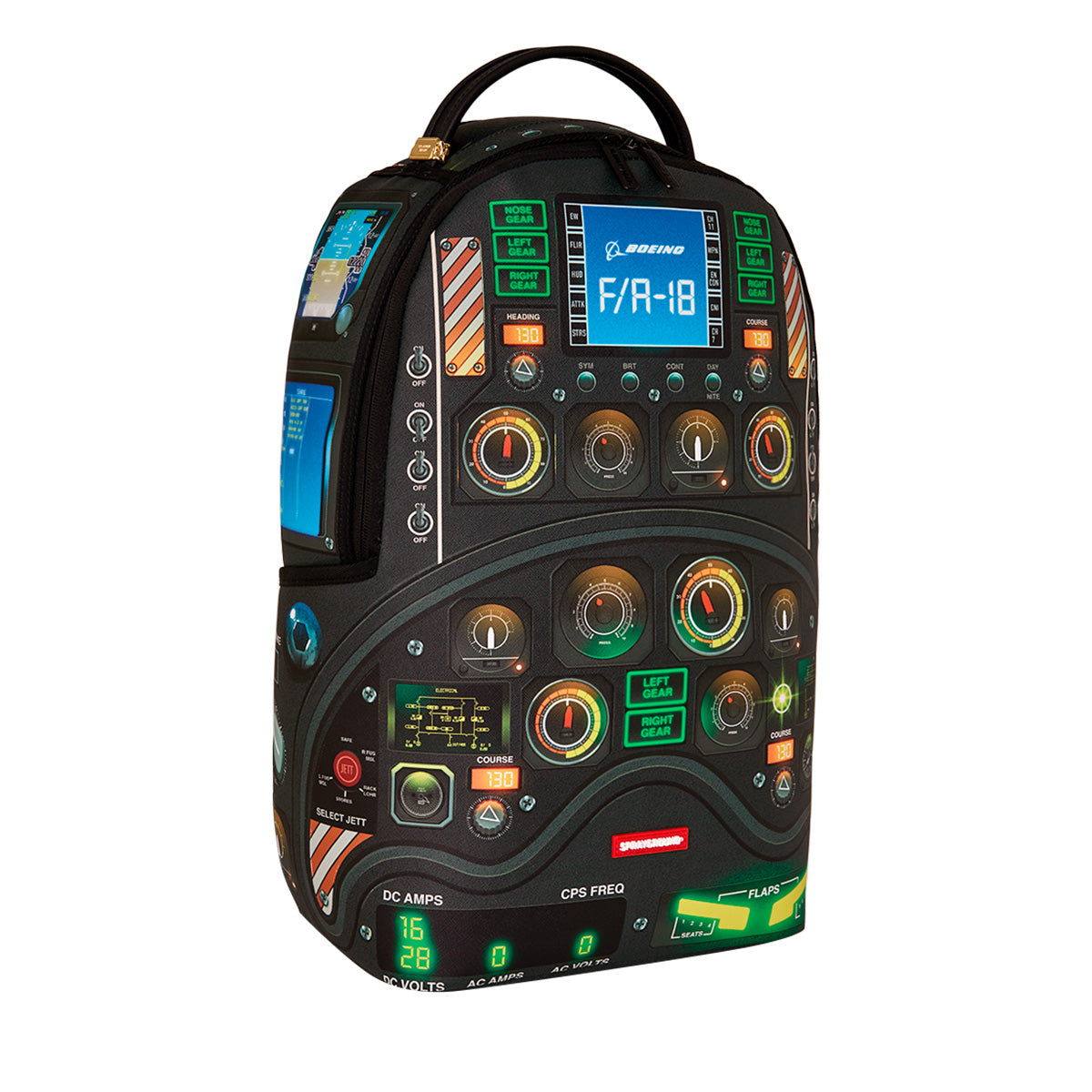 The BOEING Sprayground F/A-18 Super Hornet DLXSR Backpack showcases a bold printed design inspired by an airplane cockpit control panel—with detailed buttons, dials, screens, and colorful controls—and offers added functionality with a dedicated laptop compartment.