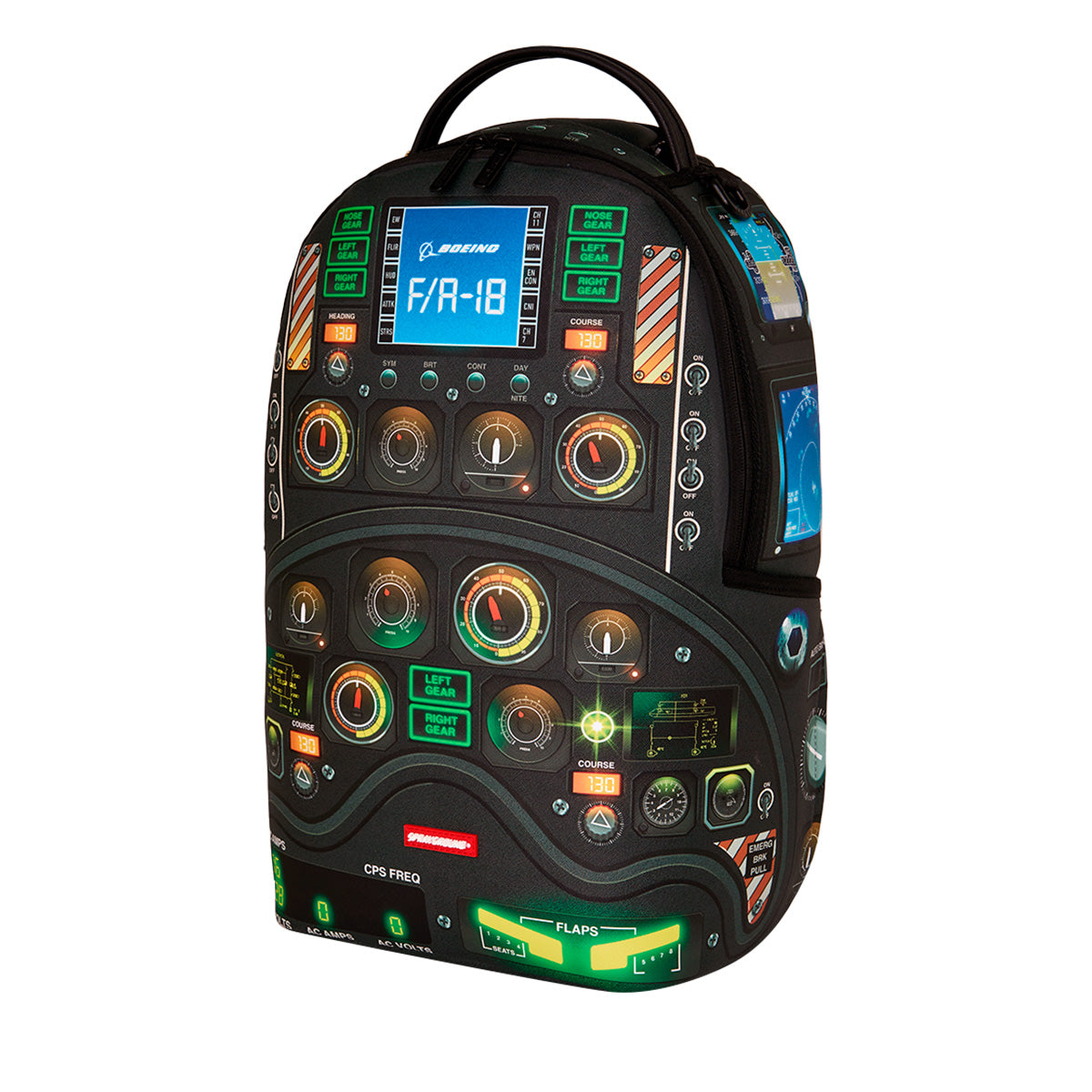 The Sprayground Boeing F/A-18 Super Hornet DLXSR Backpack by BOEING is inspired by an aircraft control panel, featuring a striking black design adorned with colorful buttons, switches, dials, display screens, and labels such as "FLAPS" and "Boeing F/A-18." Ideal for travel as a carry-on bag, it also includes a convenient laptop compartment for enhanced functionality.