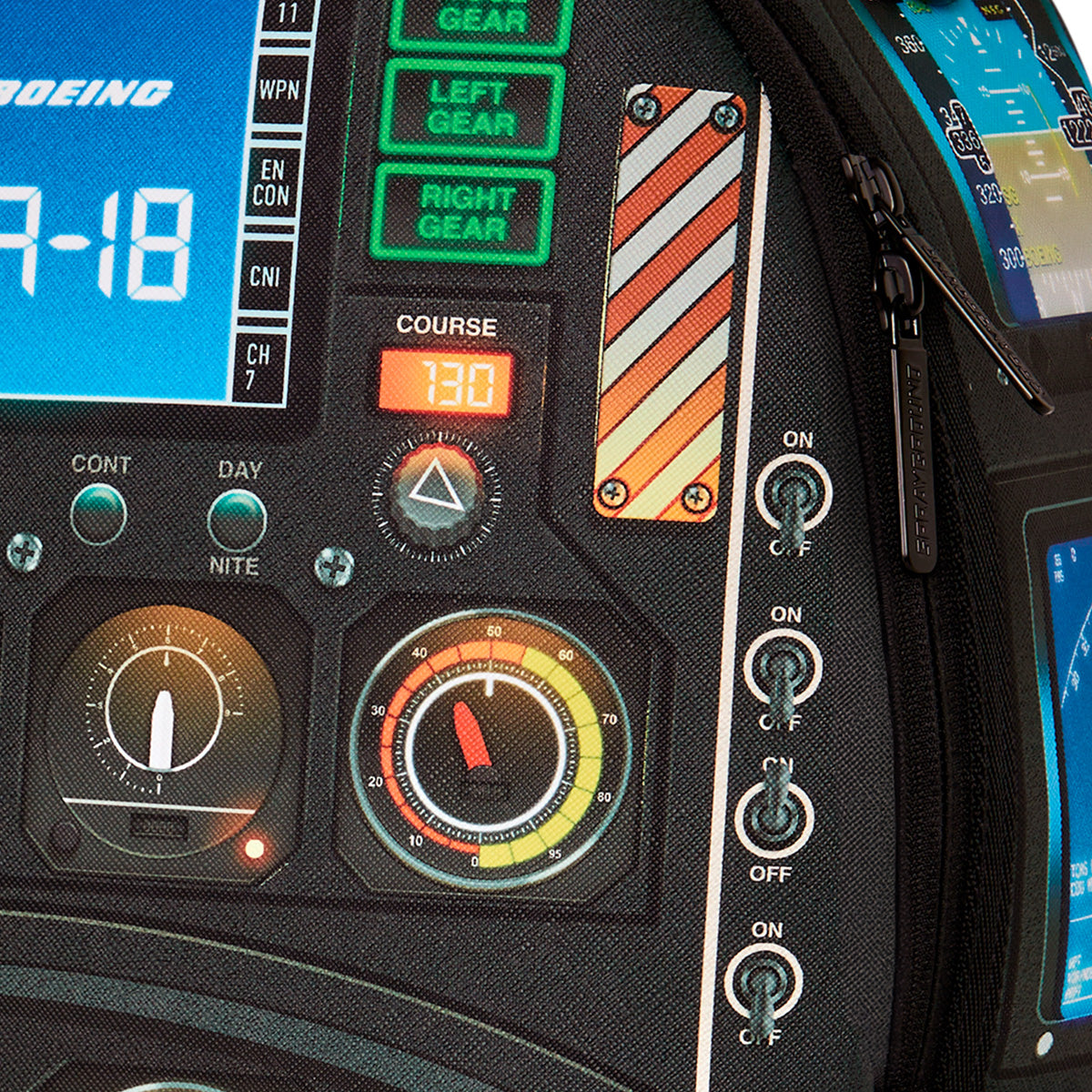 Close-up of a flight cockpit control panel with numerous buttons, switches, dials, and digital displays—featuring indicators such as left and right gear, course settings, and other flight instruments—mirroring the meticulous design found in the BOEING Sprayground F/A-18 Super Hornet DLXSR Backpack, which offers a specialized laptop compartment for organized and efficient carry-on use.