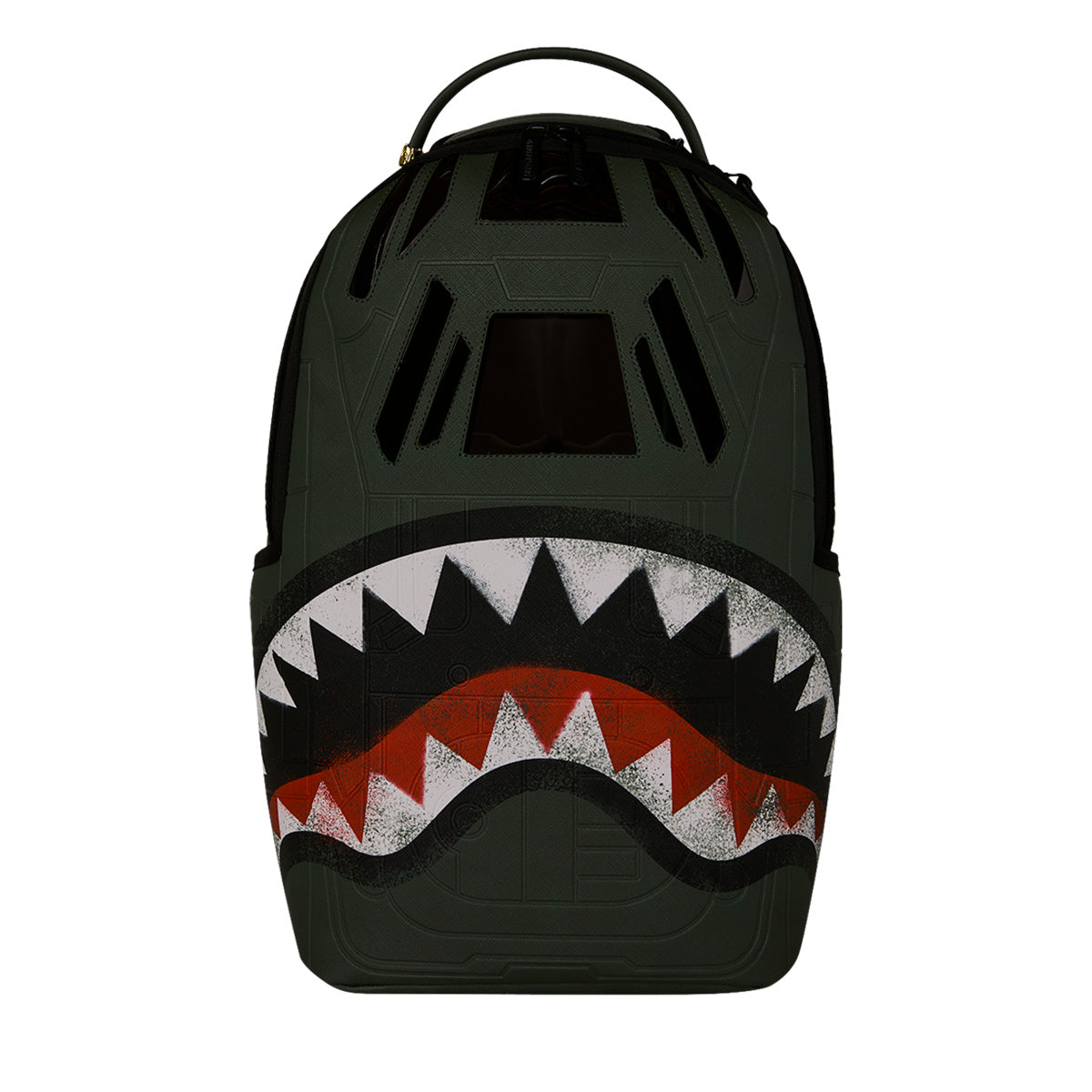 The BOEING Sprayground Boeing AH-64 Apache Sharkmouth DLXSV Backpack is a dark green backpack showcasing a bold, stylized shark mouth graphic with white teeth, red gums, and black accents on the front, inspired by tactical design and aviation heritage.