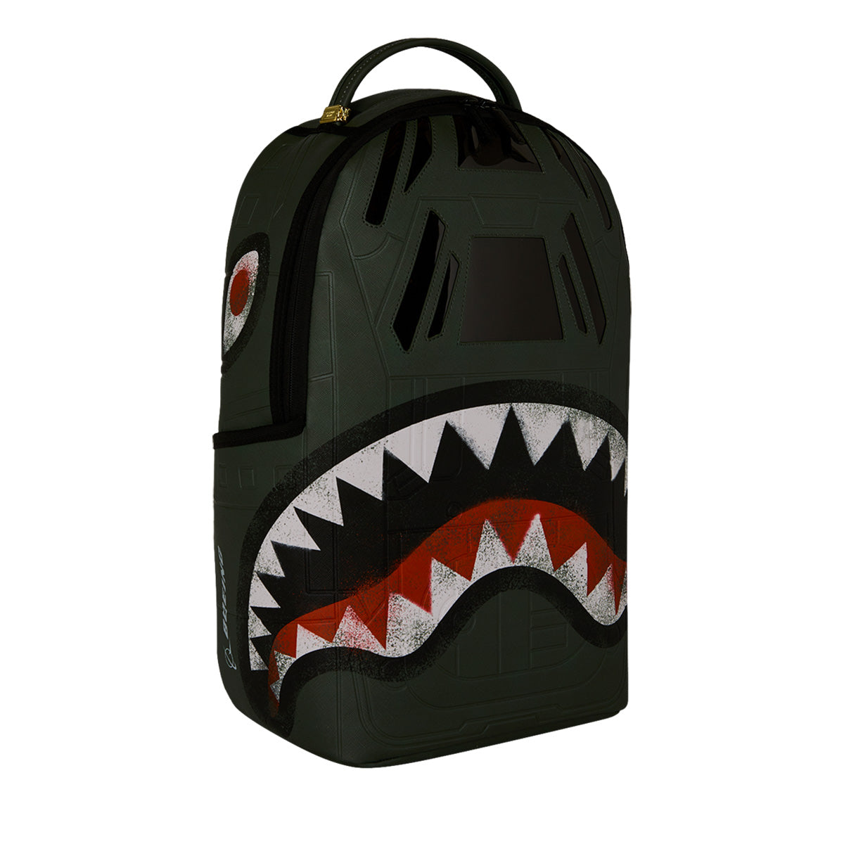 A dark green BOEING Sprayground Boeing AH-64 Apache Sharkmouth DLXSV Backpack featuring tactical styling and a shark face design with a large open mouth showing white, sharp teeth and red gums, plus a red and white eye on the side.