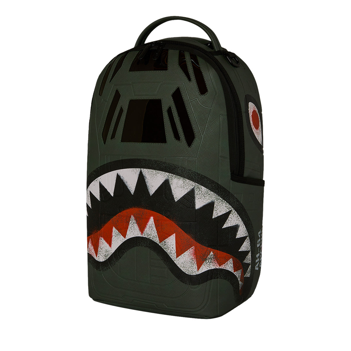 The Sprayground Boeing AH-64 Apache Sharkmouth DLXSV Backpack by BOEING is a green backpack featuring a shark’s face design, complete with sharp white teeth, a red mouth, and a round eye on the side—blending playful creativity with bold, tactical styling.