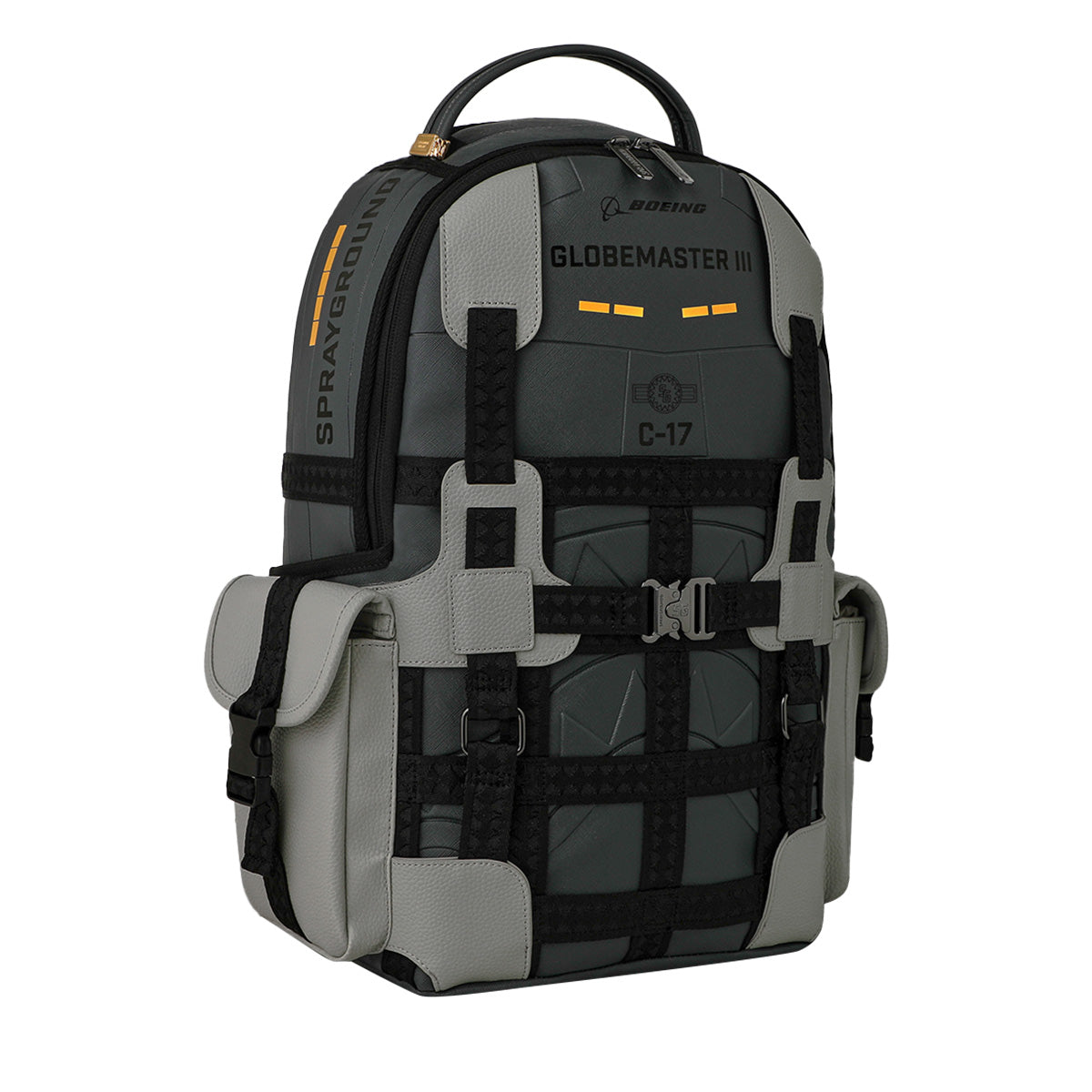 A grey and black BOEING Sprayground C-17 Globemaster DLXSV Backpack featuring “GLOBEMASTER III” and “C-17” prints, multiple pockets, adjustable straps, and a sturdy top handle.