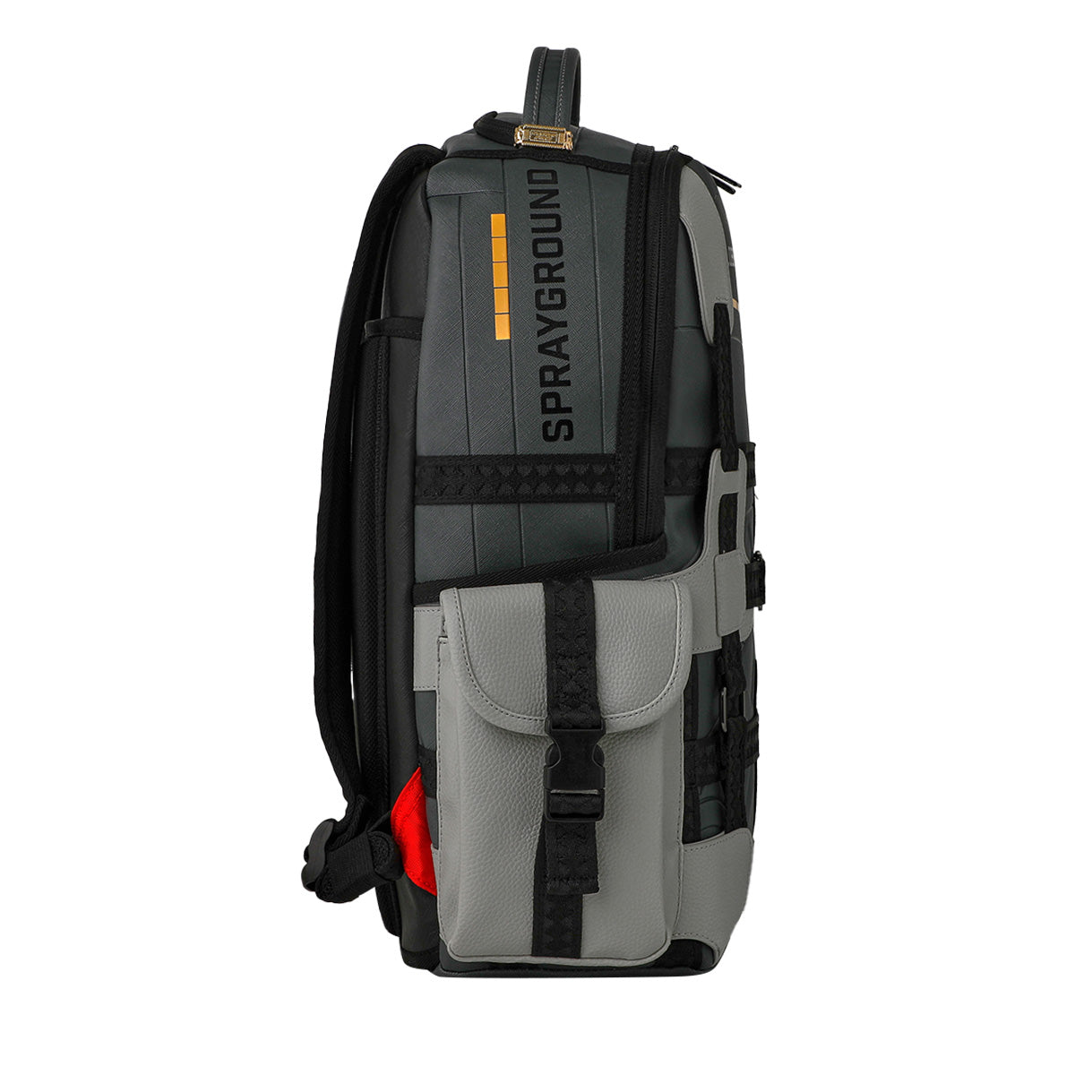 Side view of a gray Sprayground Boeing C-17 Globemaster DLXSV Backpack by BOEING, featuring black accents, a front pocket with buckle closure, padded shoulder straps, and yellow rectangular detailing near the top that emphasizes its military-inspired design.