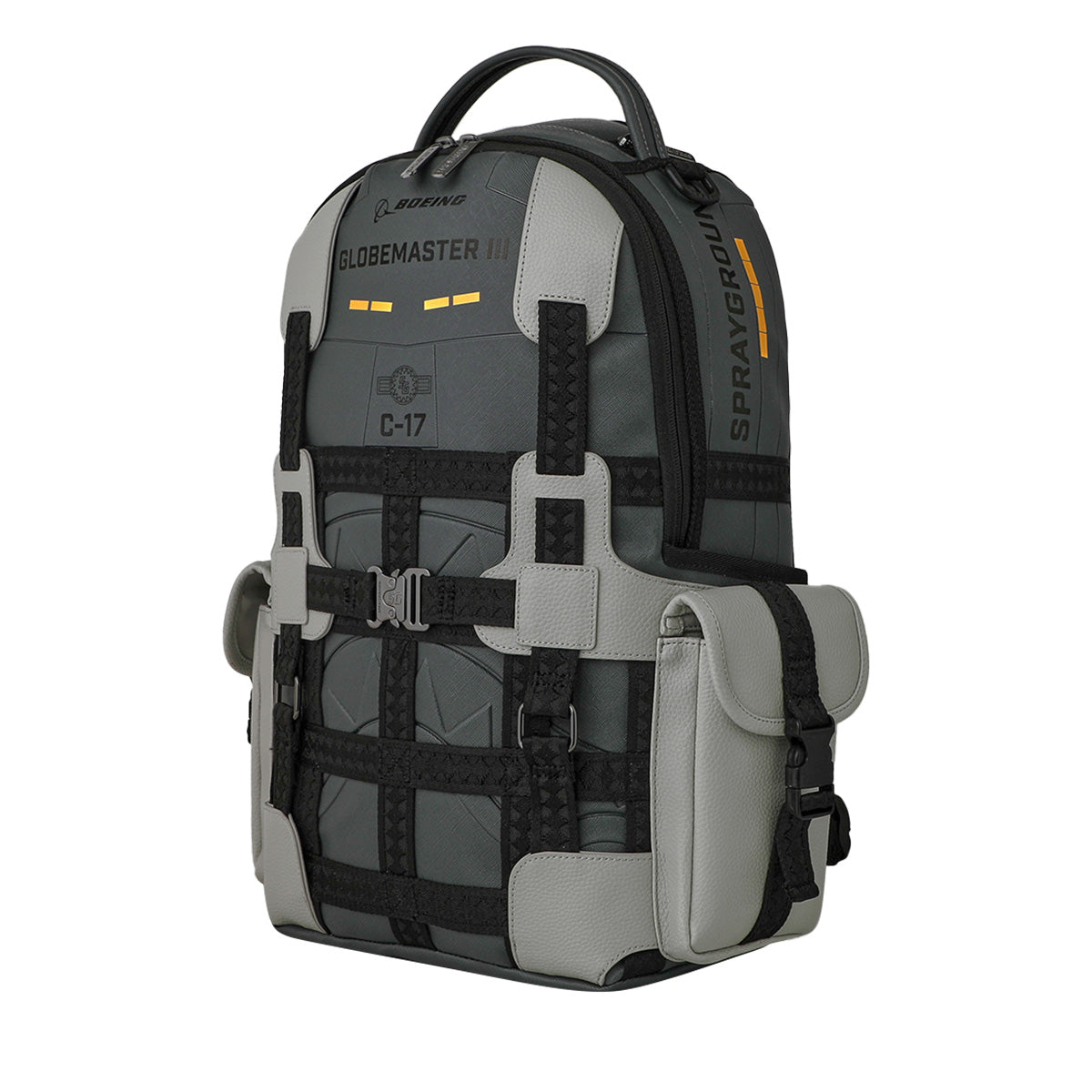 The BOEING Sprayground C-17 Globemaster DLXSV Backpack is a gray and black military-inspired backpack featuring "GLOBEMASTER III" and "C-17" text, multiple straps, side pockets, a top handle, yellow accents, and SPRAYGROUND branding on the side for a bold look.