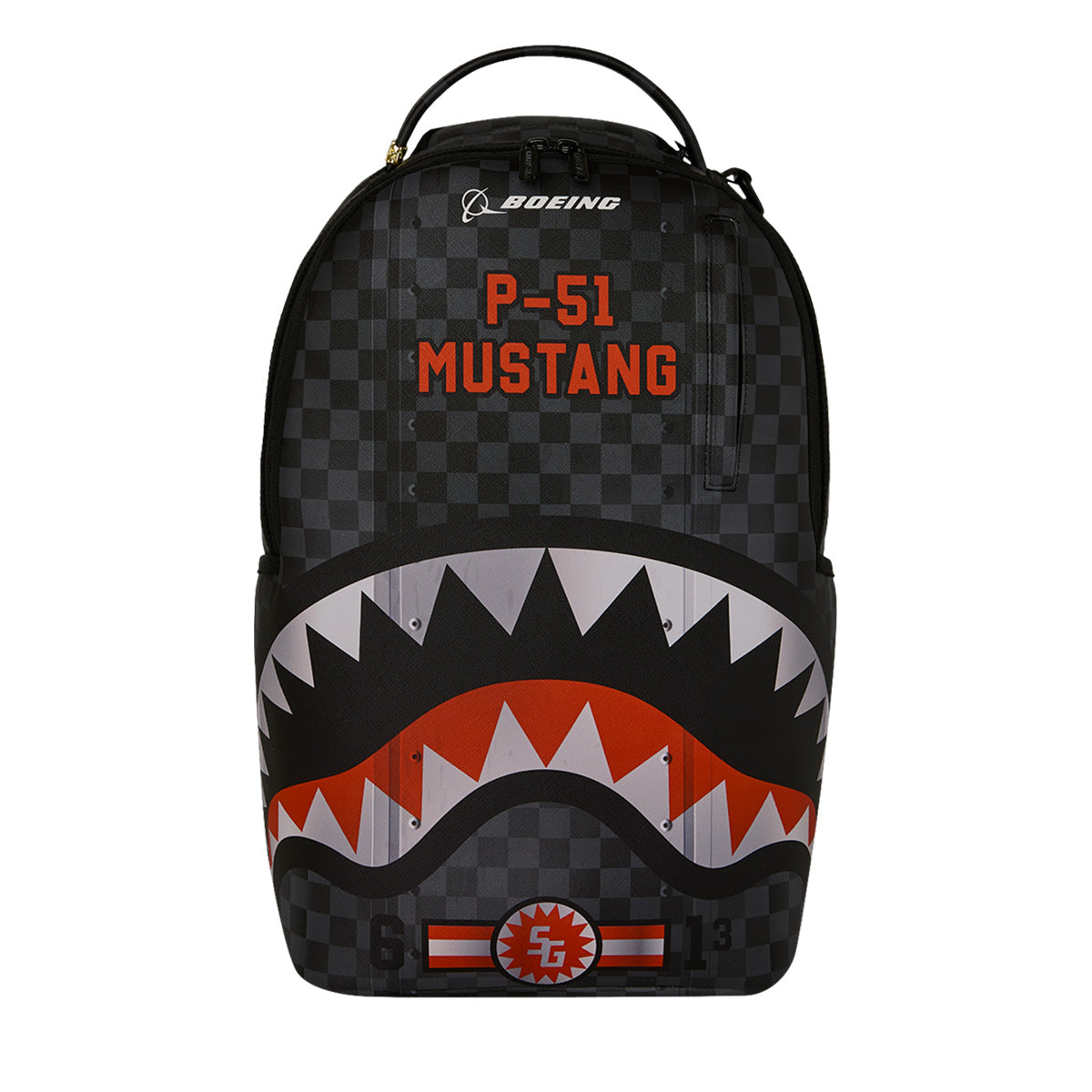 Introducing the Sprayground Boeing P-51 Mustang Sharkmouth DLXSV Backpack by BOEING—a striking black checkered aviation backpack featuring a bold shark mouth design, prominent P-51 MUSTANG text, and the iconic Boeing logo, accented in red, white, and black on the front—perfect for aviation enthusiasts seeking a standout collaboration piece.