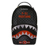 Introducing the Sprayground Boeing P-51 Mustang Sharkmouth DLXSV Backpack by BOEING—a striking black checkered aviation backpack featuring a bold shark mouth design, prominent P-51 MUSTANG text, and the iconic Boeing logo, accented in red, white, and black on the front—perfect for aviation enthusiasts seeking a standout collaboration piece.