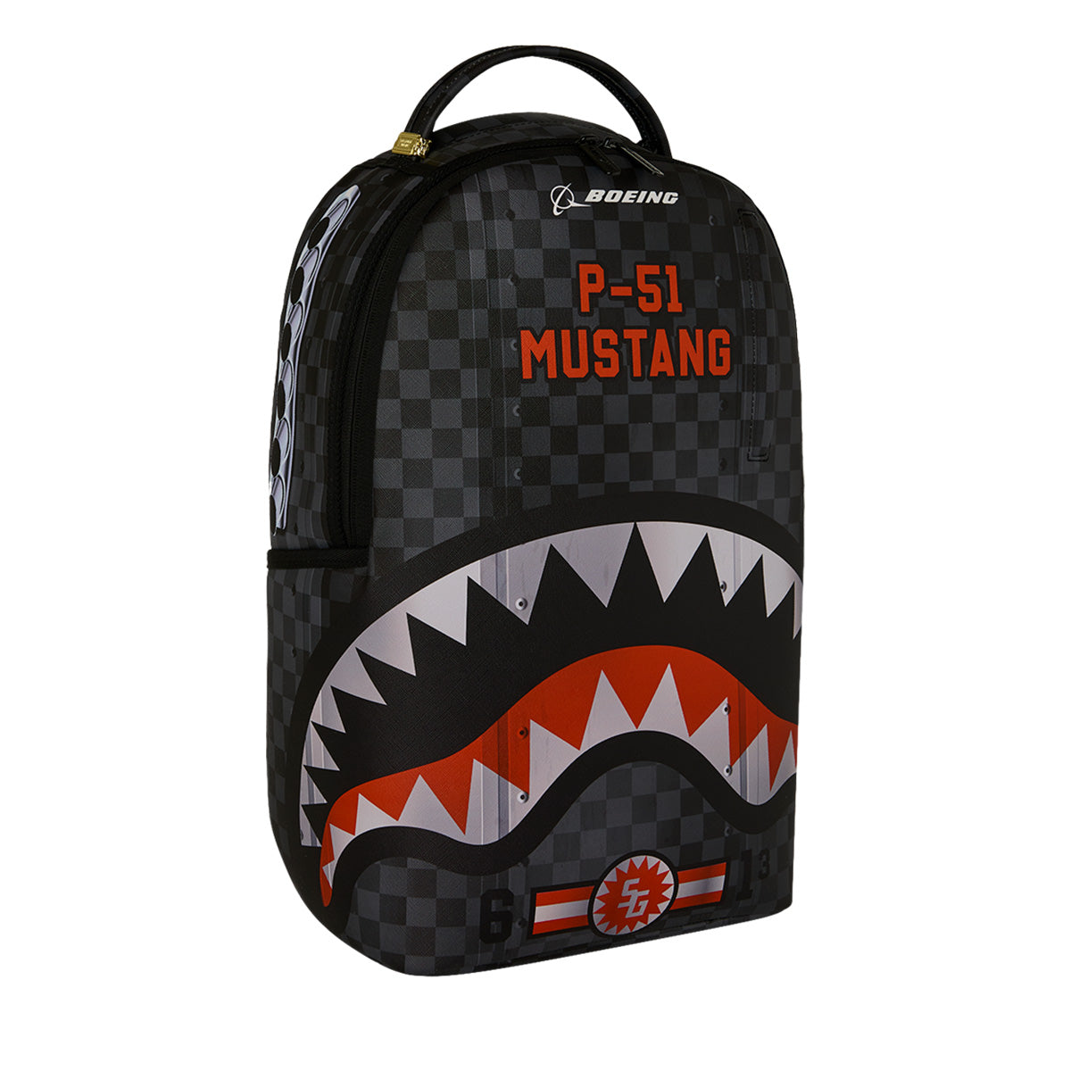 The Sprayground Boeing P-51 Mustang Sharkmouth DLXSV Backpack by BOEING showcases a black and gray checkered pattern with a bold shark mouth graphic, highlighted by vivid orange P-51 Mustang lettering and topped with a prominent Boeing logo—an eye-catching piece from the Sprayground collaboration collection.