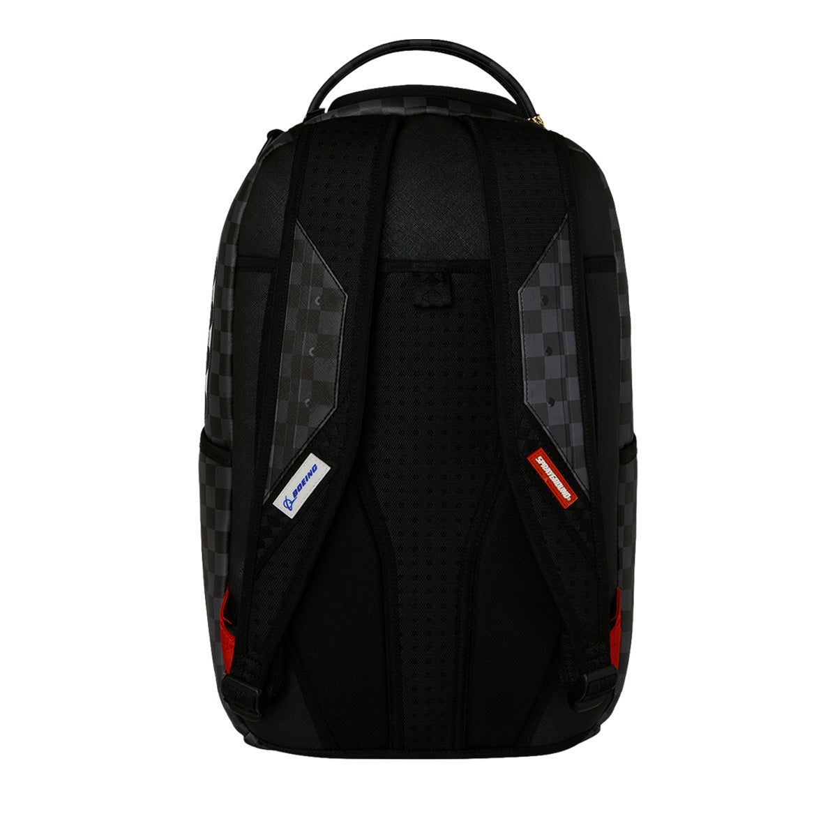The Sprayground Boeing P-51 Mustang Sharkmouth DLXSV Backpack by BOEING features a bold checkerboard pattern on a black background and is shown from the back. It comes with two padded, adjustable shoulder straps adorned with small colored tags and red accents at the bottom, as well as a top carrying handle. This unique aviation backpack—created in partnership with Sprayground—boasts an exclusive design inspired by Boeing and is finished with a signature Boeing logo for a standout look.