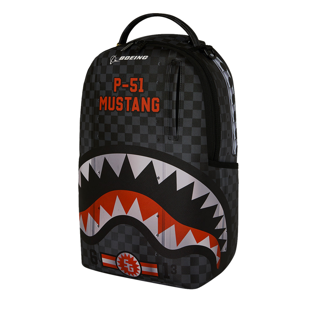 Introducing the Sprayground Boeing P-51 Mustang Sharkmouth DLXSV Backpack from BOEING—a black checkered aviation-style backpack featuring bold orange "P-51 MUSTANG" text, an eye-catching red-and-white shark mouth graphic, and the Boeing Logo prominently displayed on top.