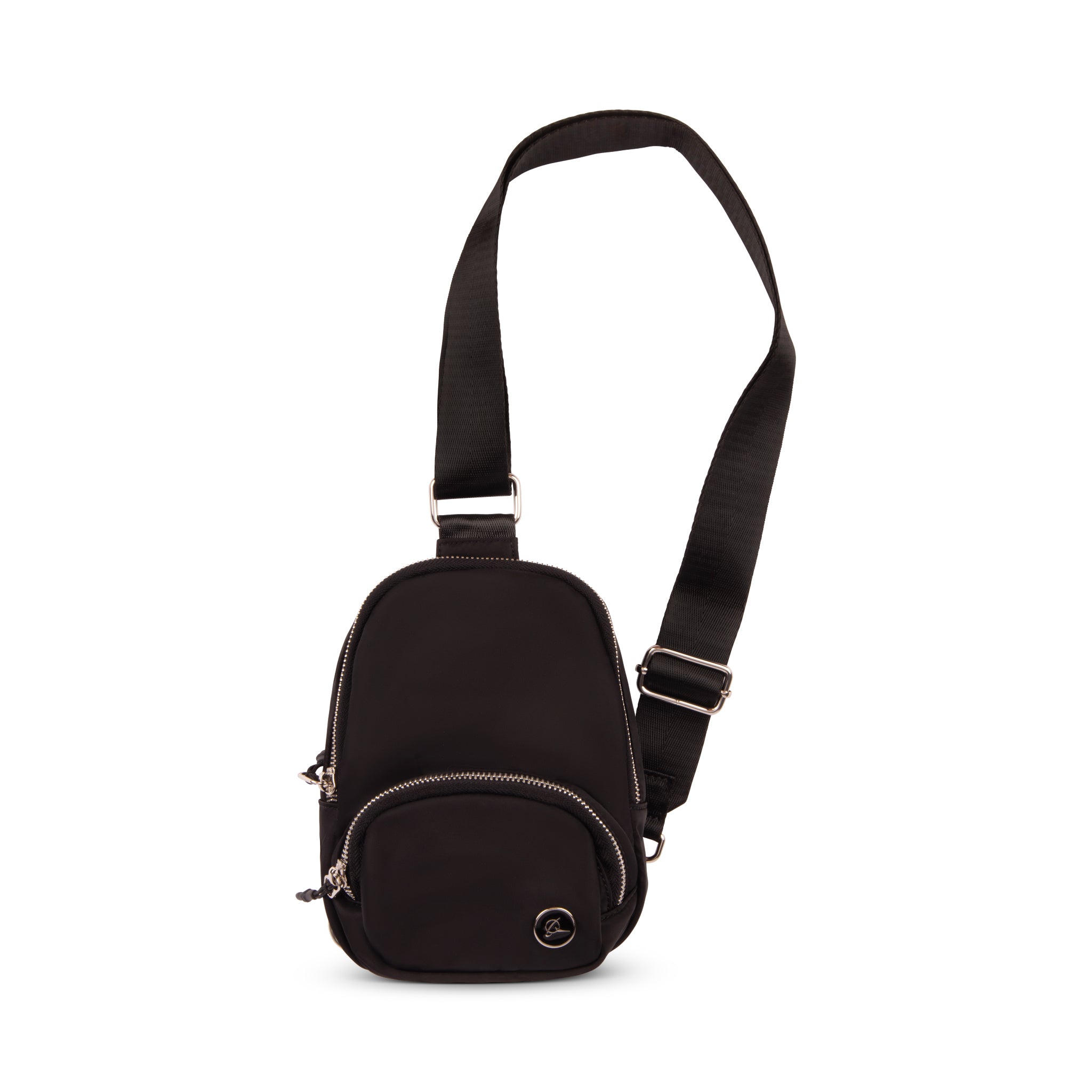 The Boeing Symbol Mini Backpack by BOEING is a compact black sling bag with the Boeing logo, two zippered compartments, and an adjustable strap, shown upright on a white background.