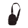 The Boeing Symbol Mini Backpack by BOEING is a compact black sling bag with the Boeing logo, two zippered compartments, and an adjustable strap, shown upright on a white background.