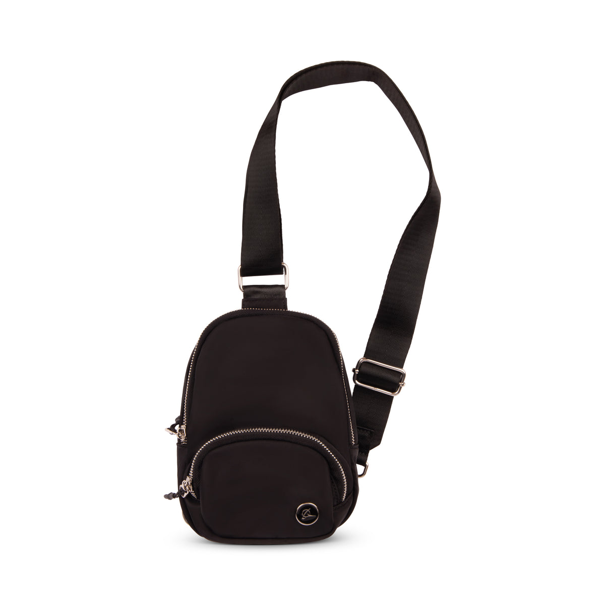 The Boeing Symbol Mini Backpack by BOEING is a compact black sling bag with the Boeing logo, two zippered compartments, and an adjustable strap, shown upright on a white background.