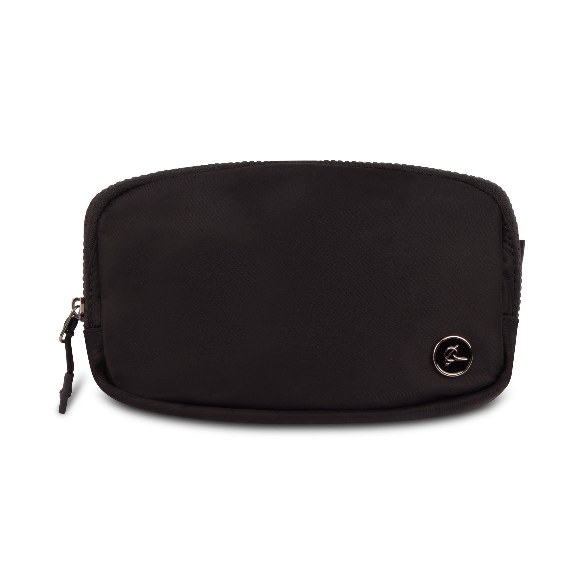 The Boeing Symbol Fanny Pack by BOEING is a black zippered pouch featuring a silver circular Boeing logo in the lower right corner, displayed on a white background.