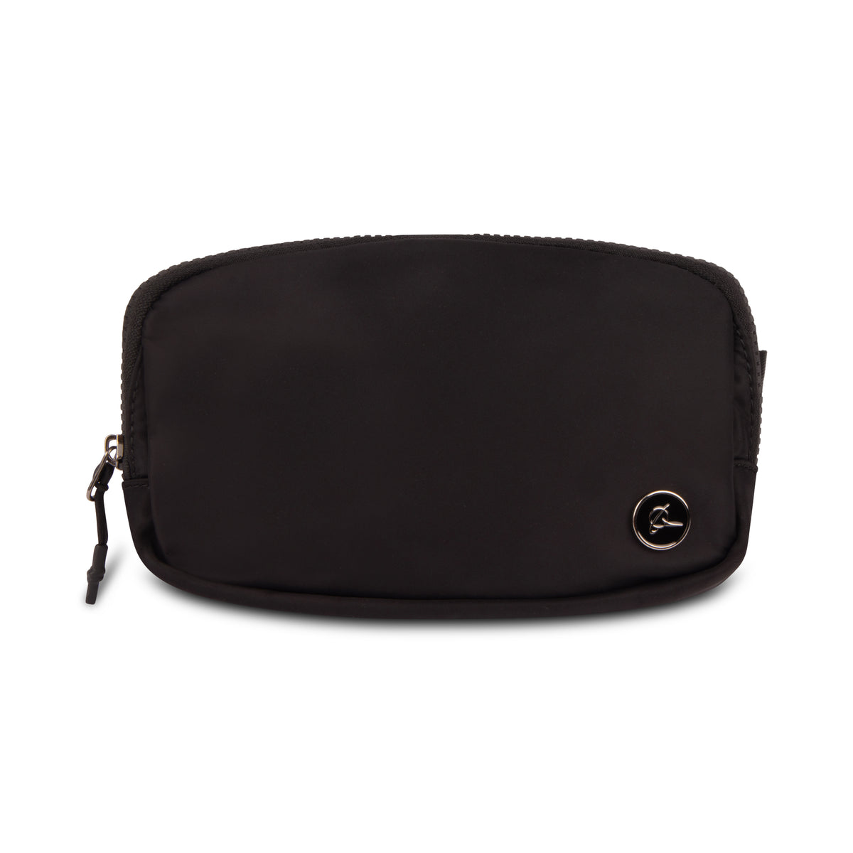 The Boeing Symbol Fanny Pack by BOEING is a black zippered pouch featuring a silver circular Boeing logo in the lower right corner, displayed on a white background.