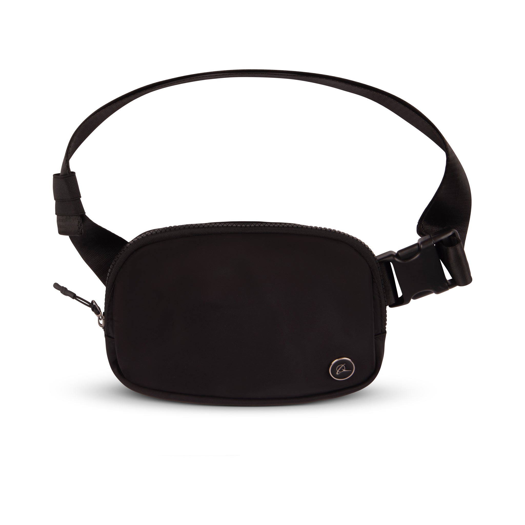 The Boeing Symbol Fanny Pack by BOEING is a black waist bag featuring a zipper, adjustable strap, and a small round Boeing logo on the bottom right corner, shown on a white background.