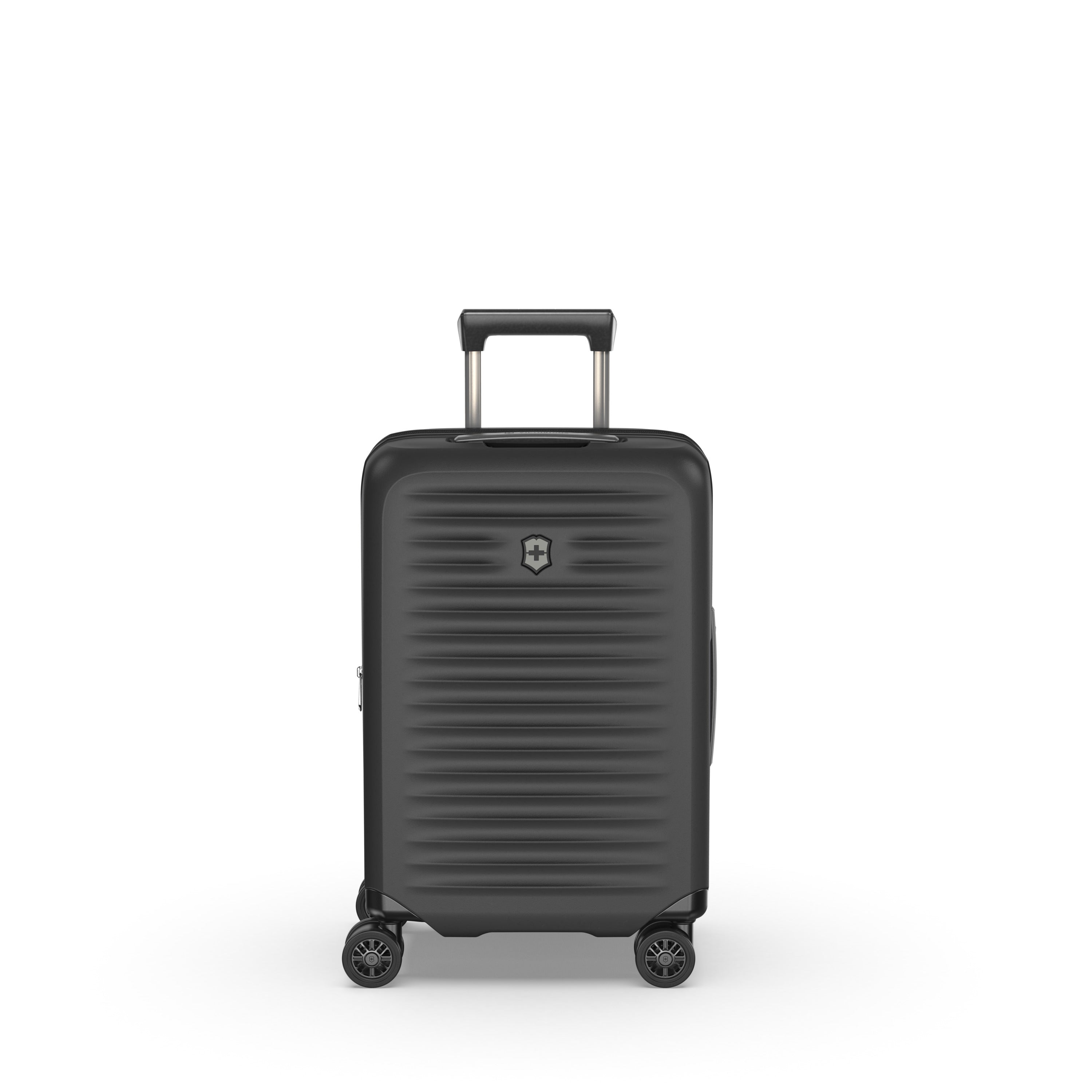The Victorinox Airox Advanced Frequent Flyer Carry-on in black is a sleek, hardshell suitcase featuring a telescopic handle and dual caster wheels. Its ridged design with a small top emblem adds style, ideal for lightweight travel, shown upright against a white background.