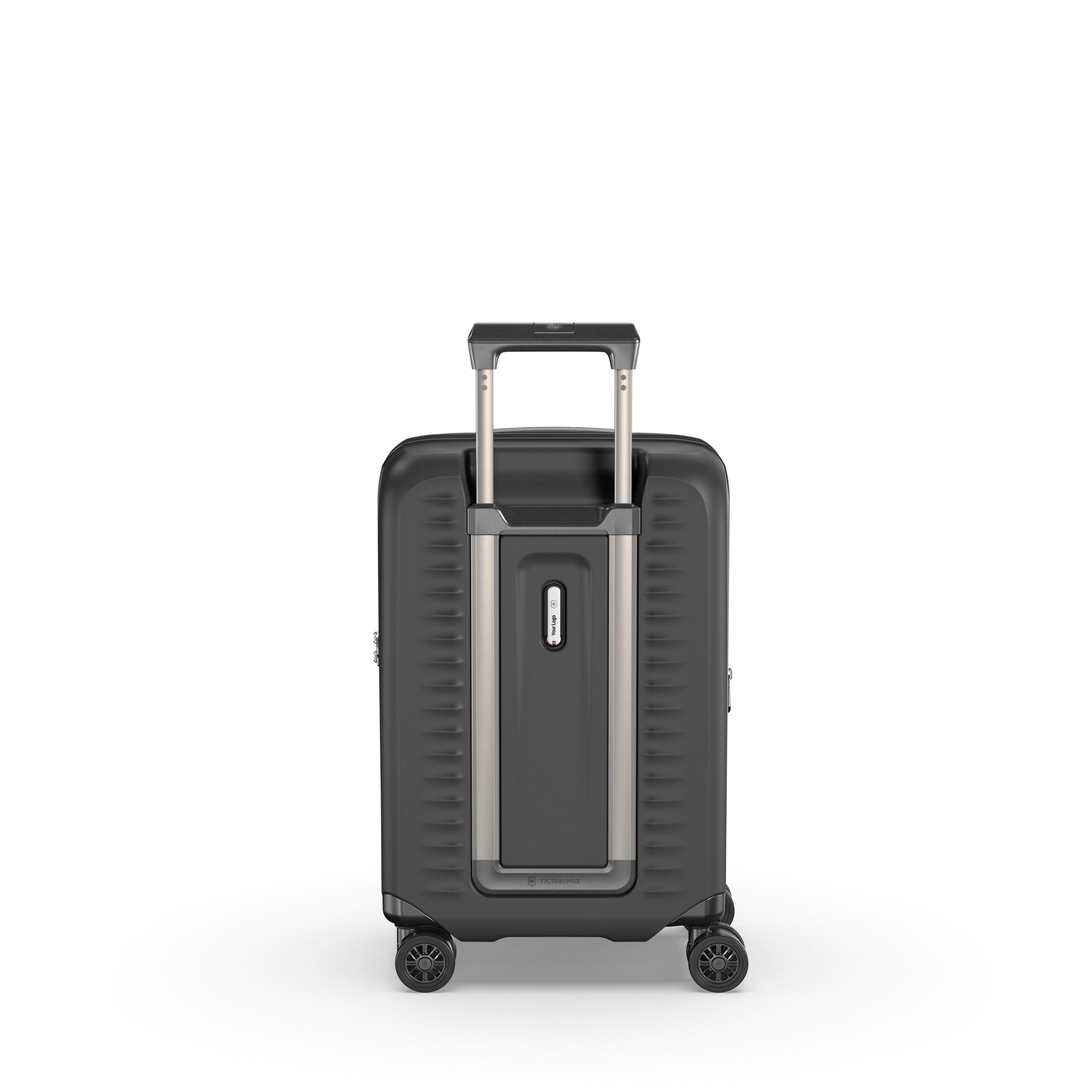 The VICTORINOX Airox Advanced Frequent Flyer Carry-on is a black hard-shell suitcase with dual caster wheels, an extendable handle, ribbed texture, a built-in combination lock, and a metallic handle with a black grip—ideal for lightweight travel.