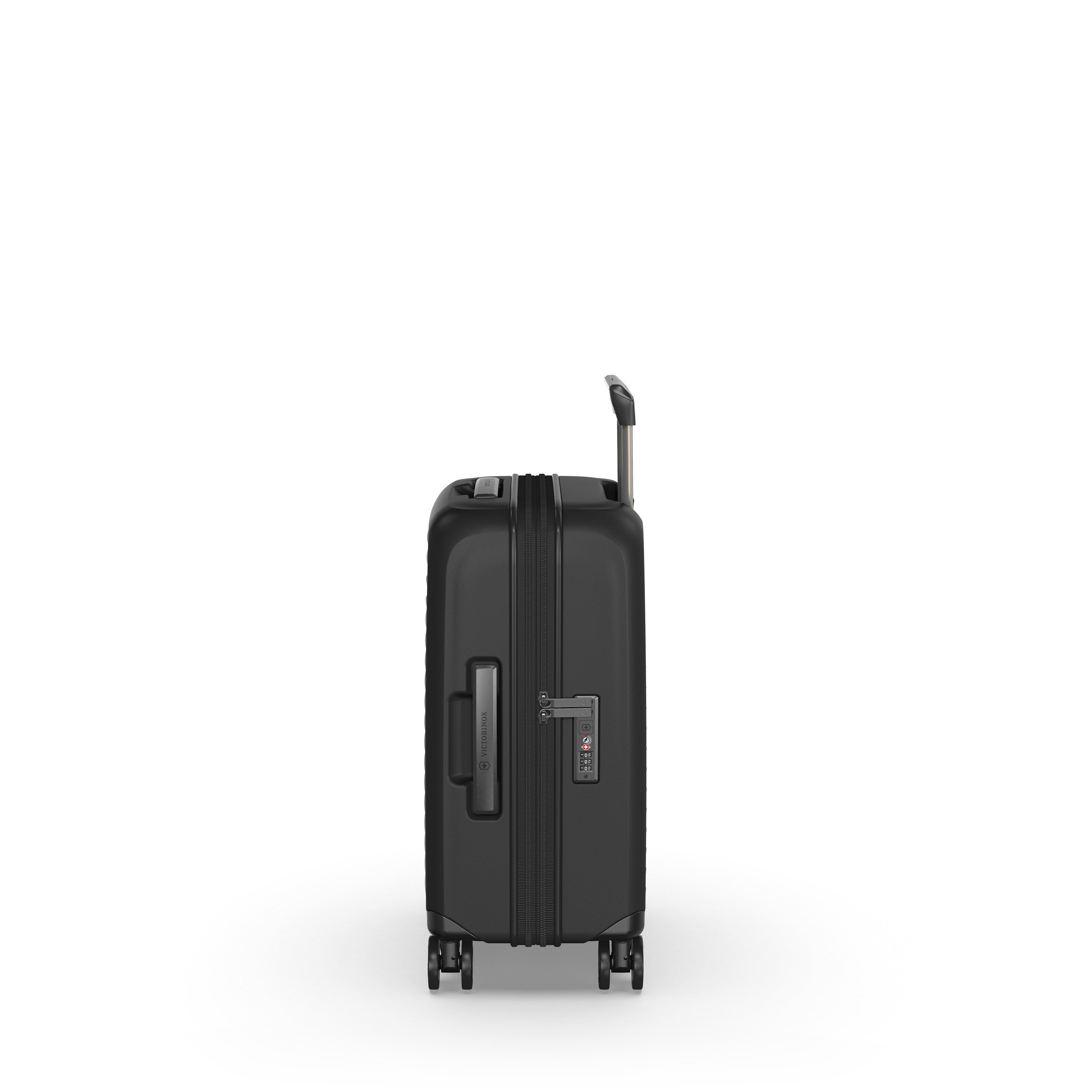 Side view of the Victorinox Airox Advanced Frequent Flyer Carry-on in black, featuring a hard shell, lightweight dual caster wheels, telescopic handle, zipper closure, and TSA lock, shown on a white background.