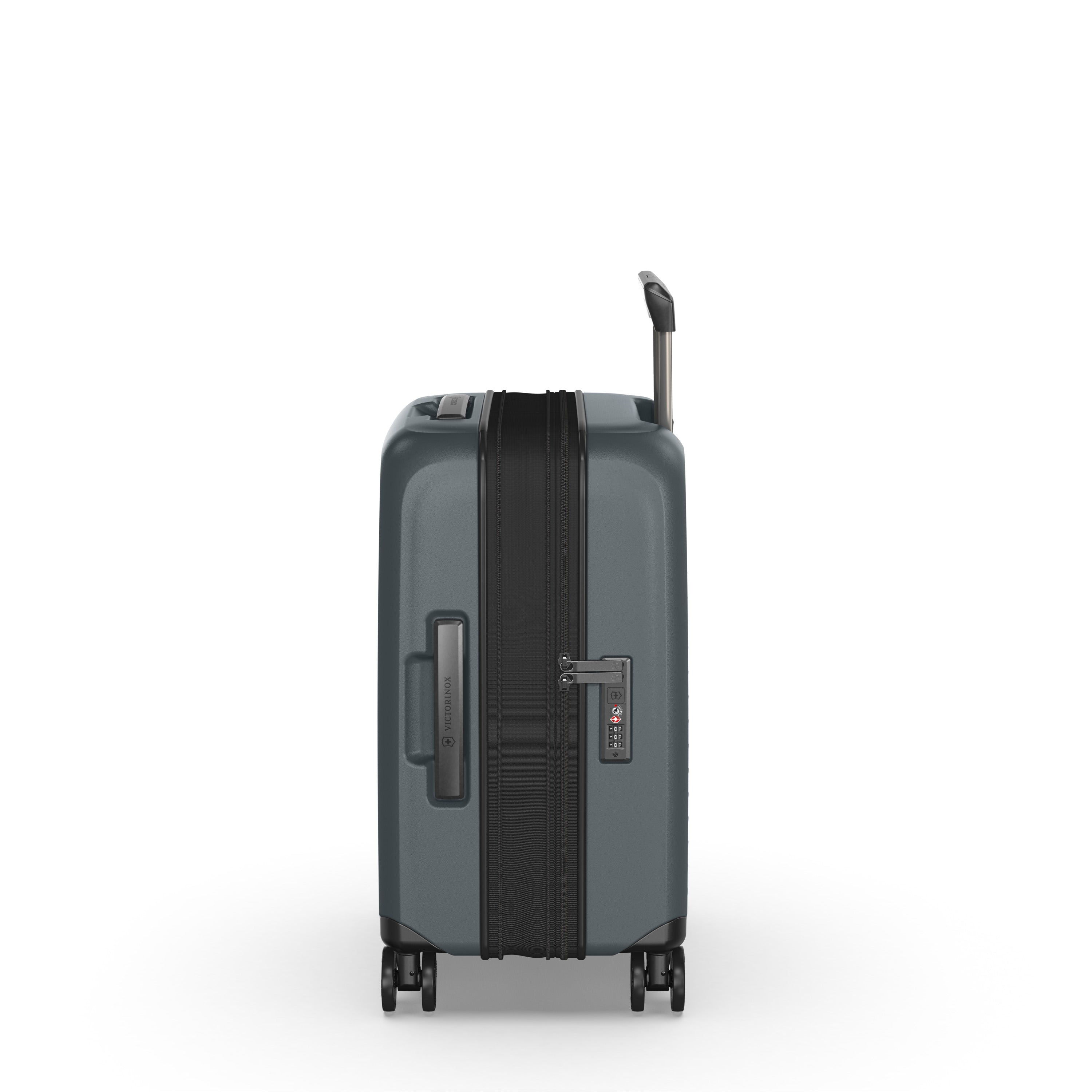 Side view of a sleek, dark grey Victorinox Airox Advanced Frequent Flyer Carry-on in Storm color with a hard shell. It showcases dual caster wheels, black zipper, side handle, and retractable top handle against a white background.