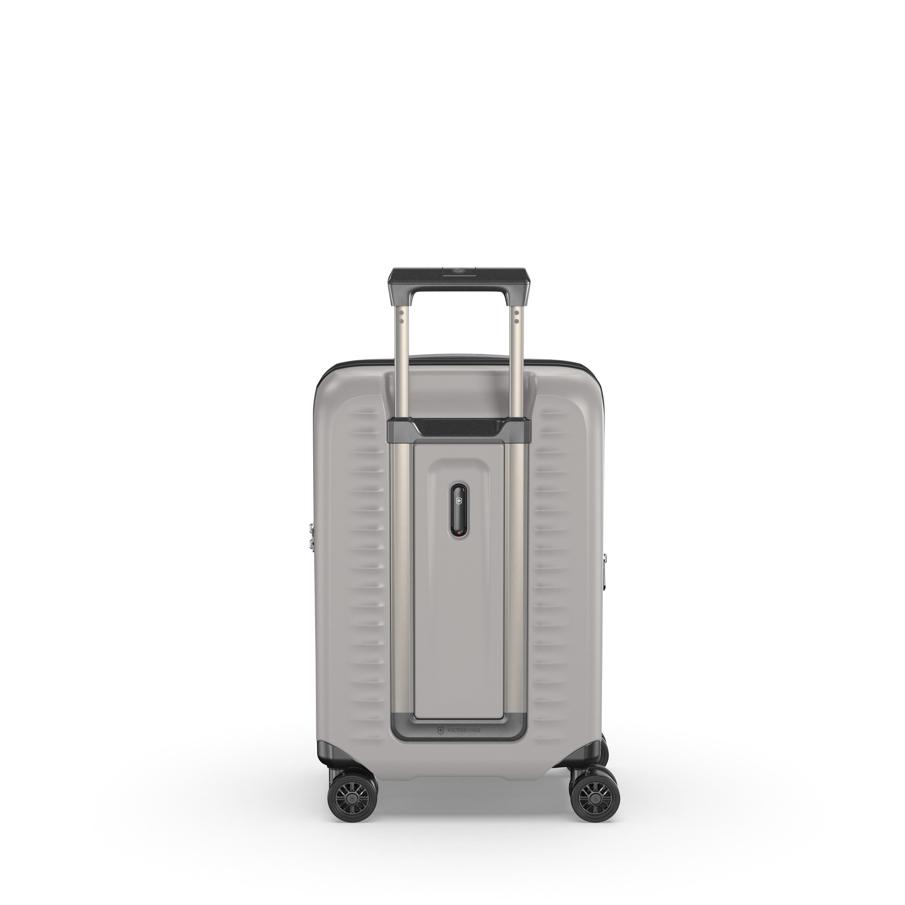 The Victorinox Airox Advanced Frequent Flyer Carry-on in Stone exemplifies Swiss craftsmanship with a textured hard-shell exterior. It includes a telescopic handle, four black wheels, and a vertical zippered front pocket, perfect for frequent travelers.