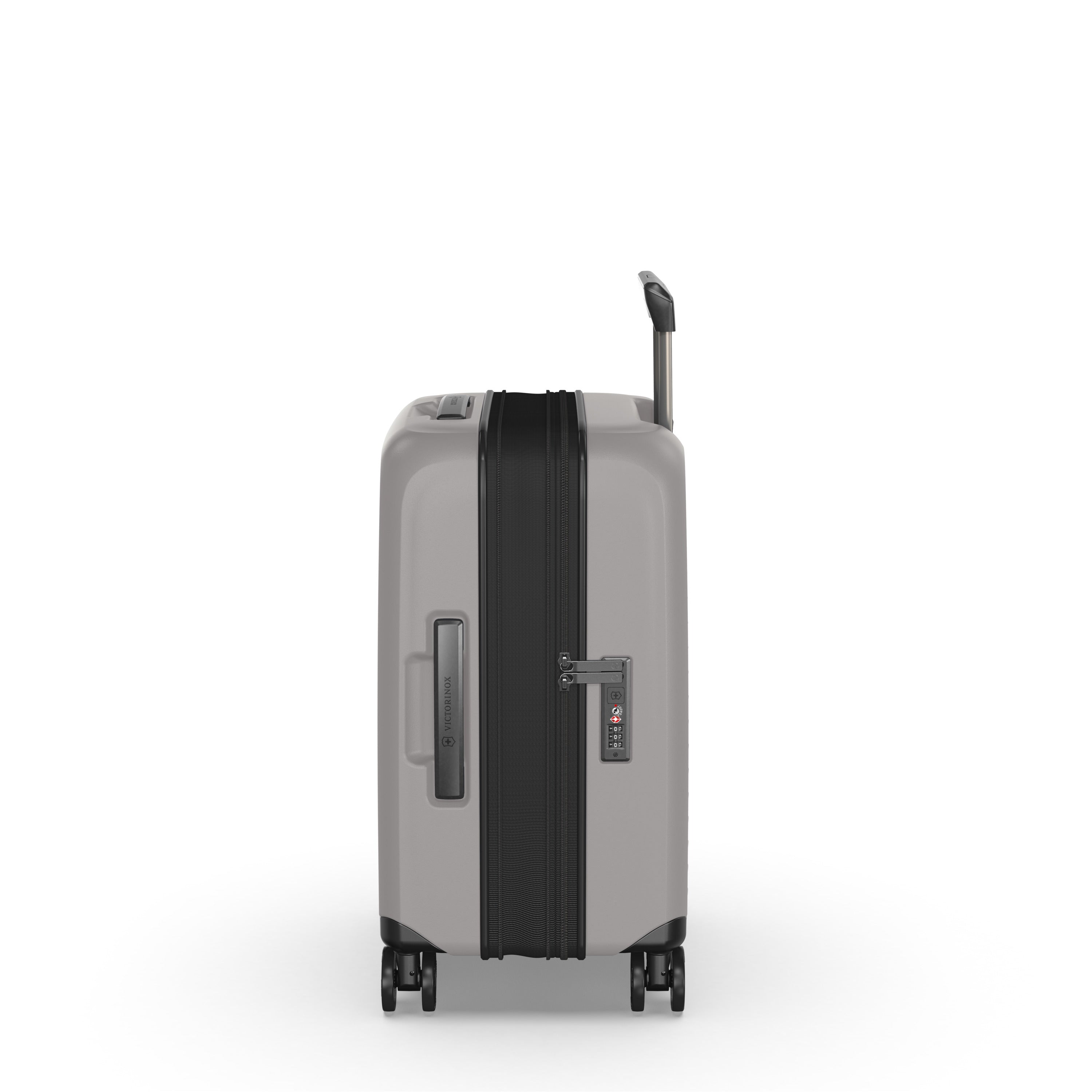 The VICTORINOX Airox Advanced Frequent Flyer Carry-on in Stone features Swiss craftsmanship, standing upright on four wheels. It offers a retractable handle and secure zipper lock, blending modern design with easy maneuverability.