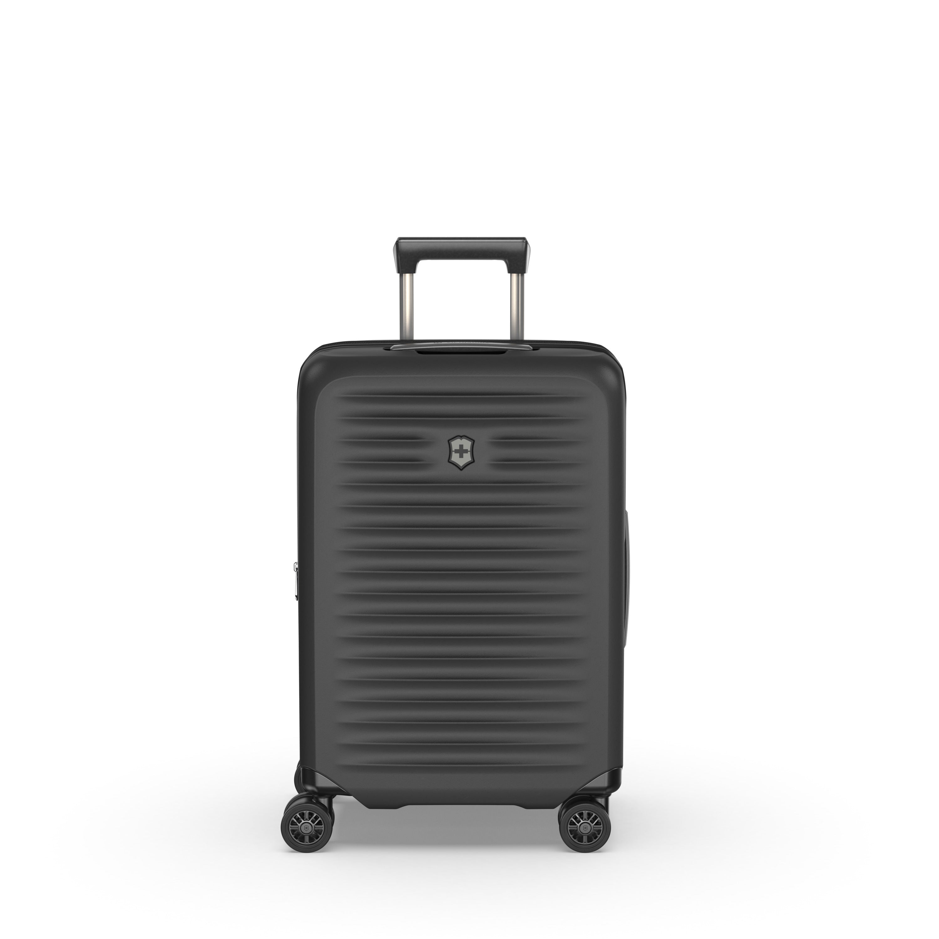 The Victorinox Airox Advanced Frequent Flyer Carry-on Plus in black, by VICTORINOX, is a lightweight suitcase with a retractable handle and four wheels. It features horizontal front grooves and a logo near the top, perfect for carry-on use. Shown against a plain white background.