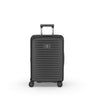 The Victorinox Airox Advanced Frequent Flyer Carry-on Plus in black, by VICTORINOX, is a lightweight suitcase with a retractable handle and four wheels. It features horizontal front grooves and a logo near the top, perfect for carry-on use. Shown against a plain white background.