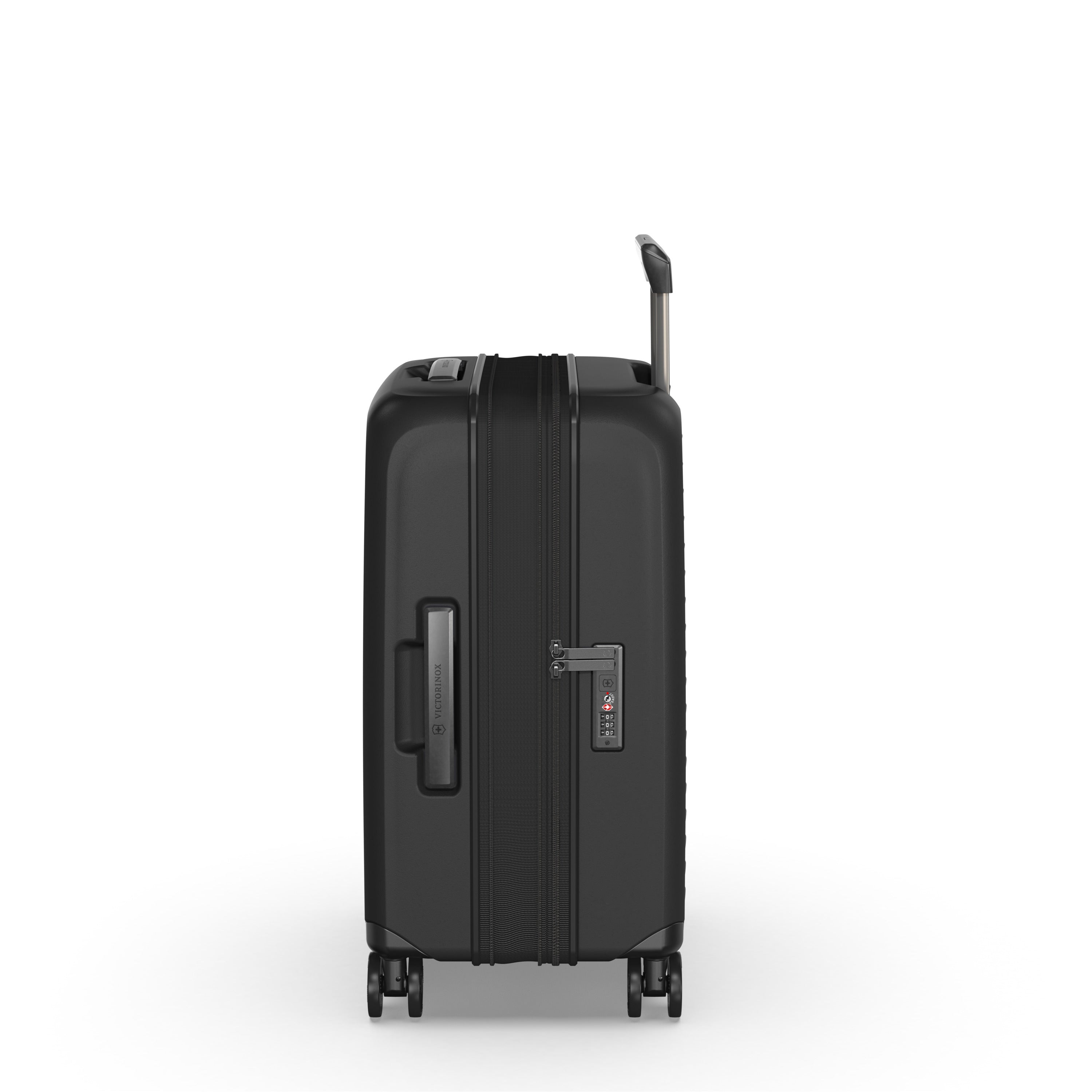 Side view of the black Victorinox Airox Advanced Frequent Flyer Carry-on Plus with a retractable handle and four wheels, highlighting its lightweight build. This VICTORINOX suitcase features a sleek design with a visible zipper and built-in combination lock, ideal for frequent flyers.