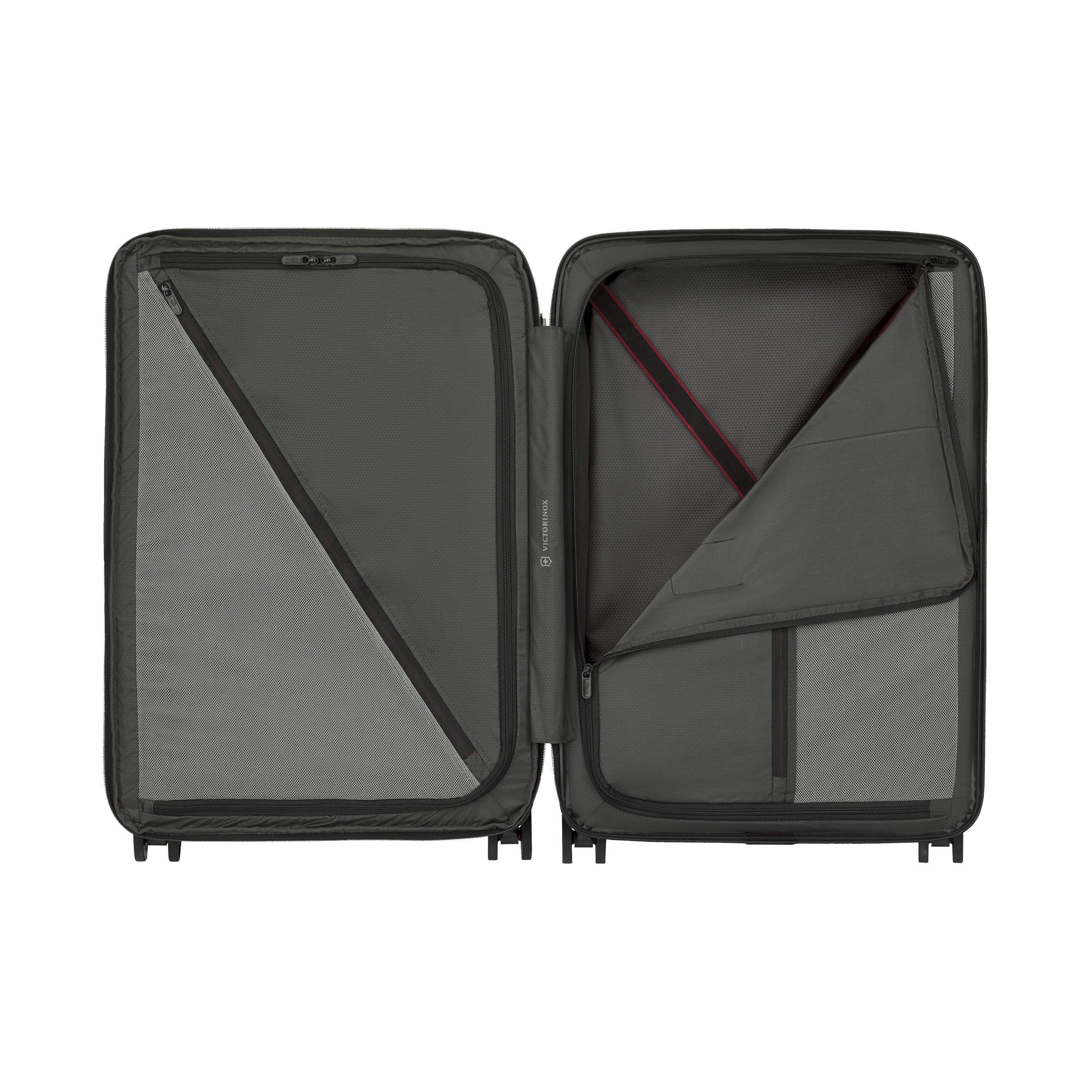 The VICTORINOX Victorinox Airox Advanced Medium in black features a durable, hard shell with 360-degree wheels. Its minimalist interior has two compartments: one with a mesh zip cover and the other with straps and a divider. The lightweight design ensures effortless travel.