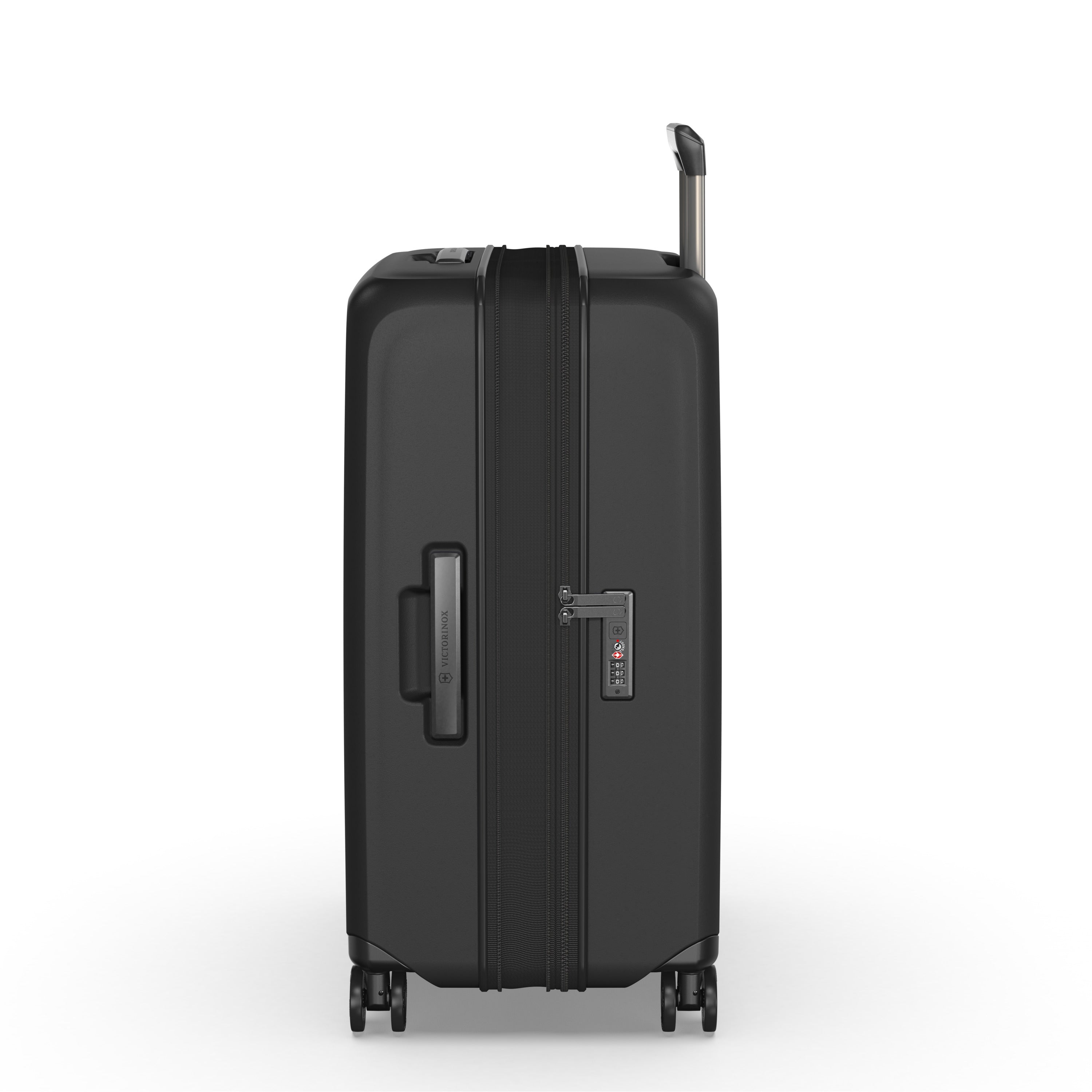The Victorinox Airox Advanced Medium - Black by VICTORINOX is a lightweight, black hard-shell suitcase on a white background, featuring four 360-degree wheels, telescopic handle, built-in TSA-approved lock, anti-microbial lining, and a zipper along the middle.