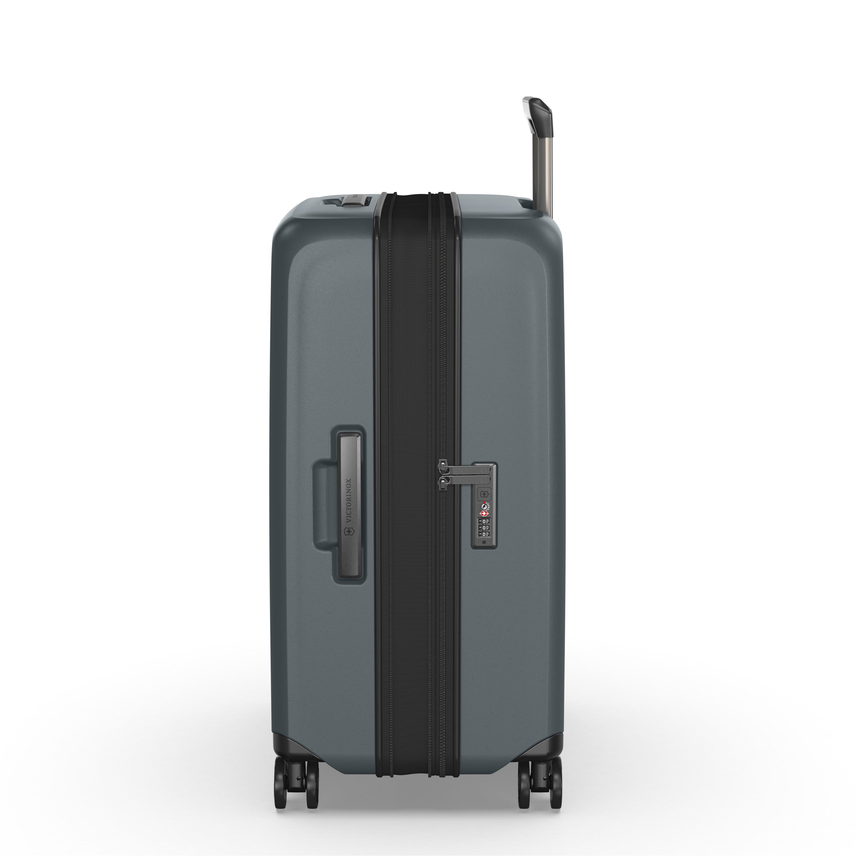 The Victorinox Airox Advanced Medium - Storm by VICTORINOX is a sleek, dark gray suitcase with spinner wheels, a retractable handle, black zipper, anti-microbial lining, and a TSA-approved lock for convenience and hygiene.