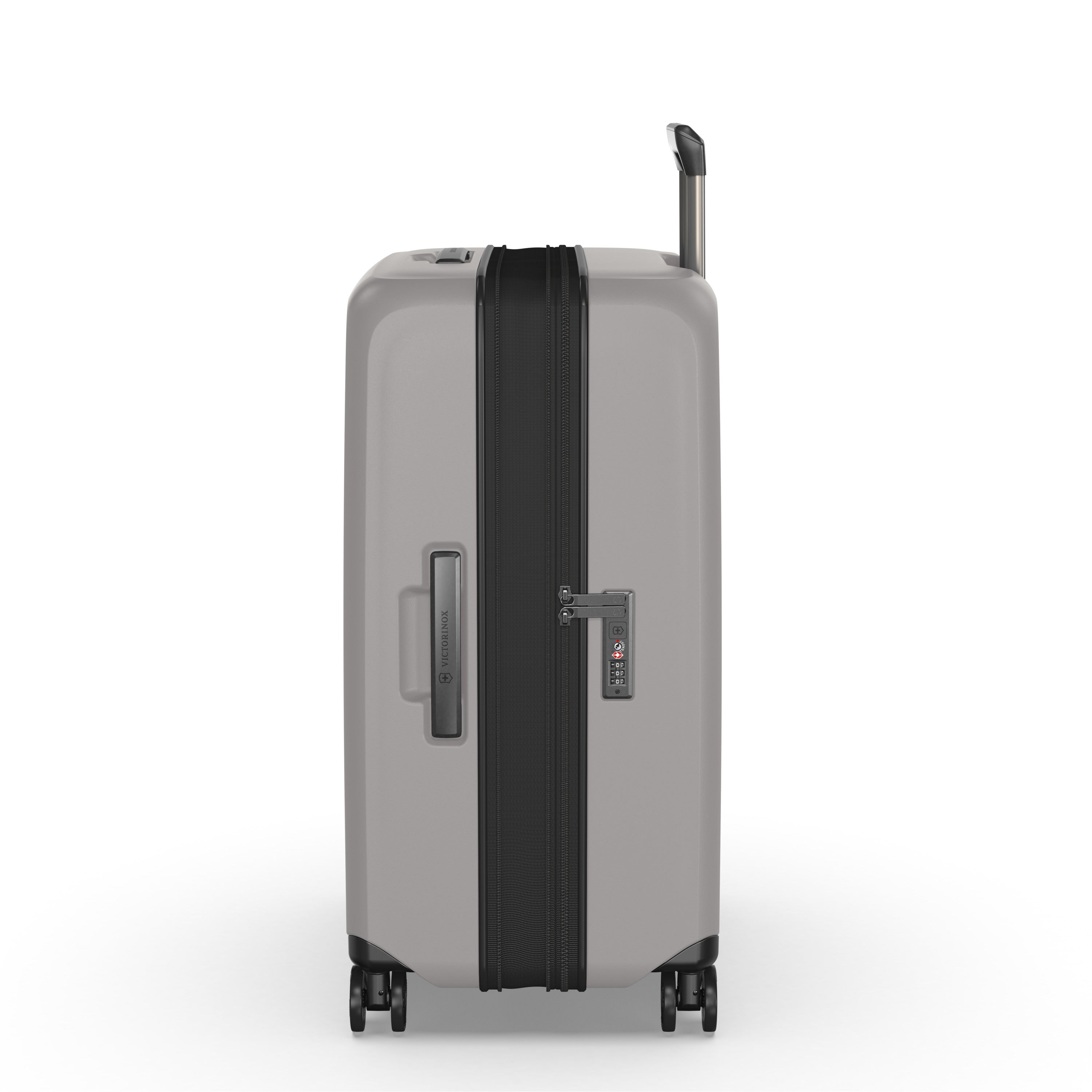 Side view of the VICTORINOX Airox Advanced Medium - Stone, featuring black zippers, lightweight design, four wheels, telescopic top handle, TSA-approved zipper lock, and side handle. Displayed on a white background.