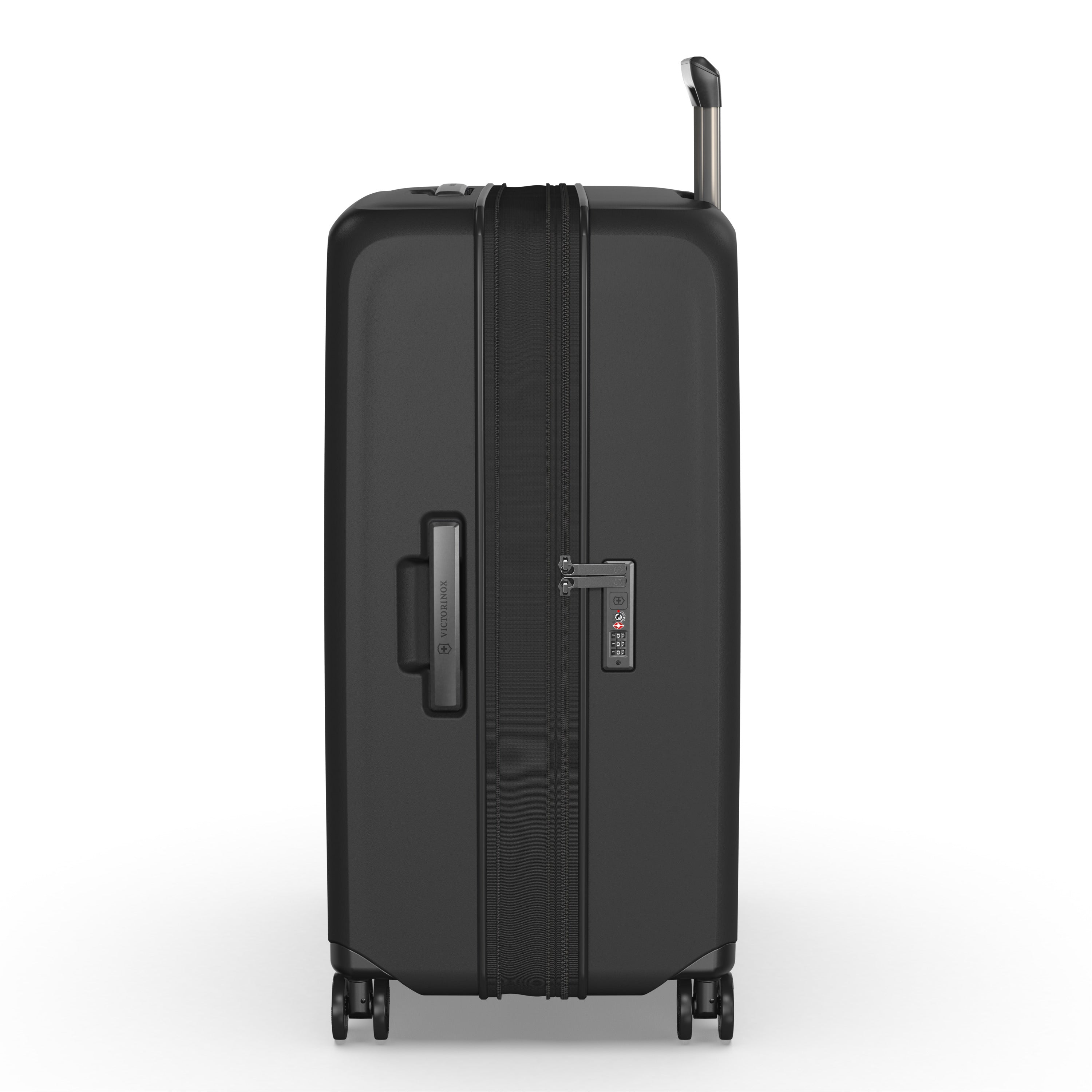 The Victorinox Airox Advanced Large - Black suitcase offers Swiss-engineered excellence with its upright design, pull handle, zipper closure, side handle, built-in lock, and four wheels for easy mobility—making it the perfect travel companion.