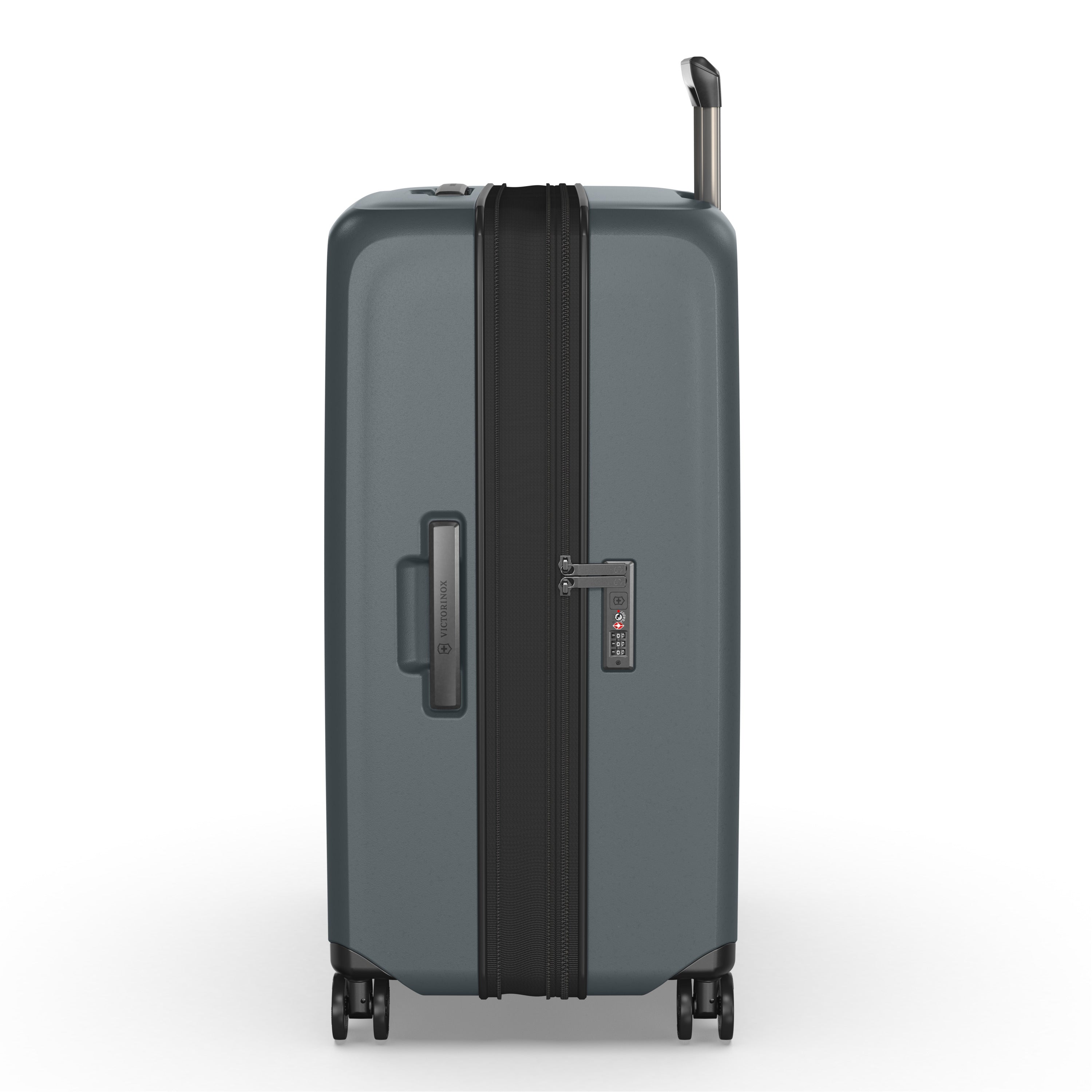 The Victorinox Airox Advanced Large - Storm by VICTORINOX is a sleek, dark gray hard-shell suitcase with Swiss engineering. It features a telescopic handle, four wheels, a visible lock system, and a sturdy zipper for lightweight travel mobility and security.