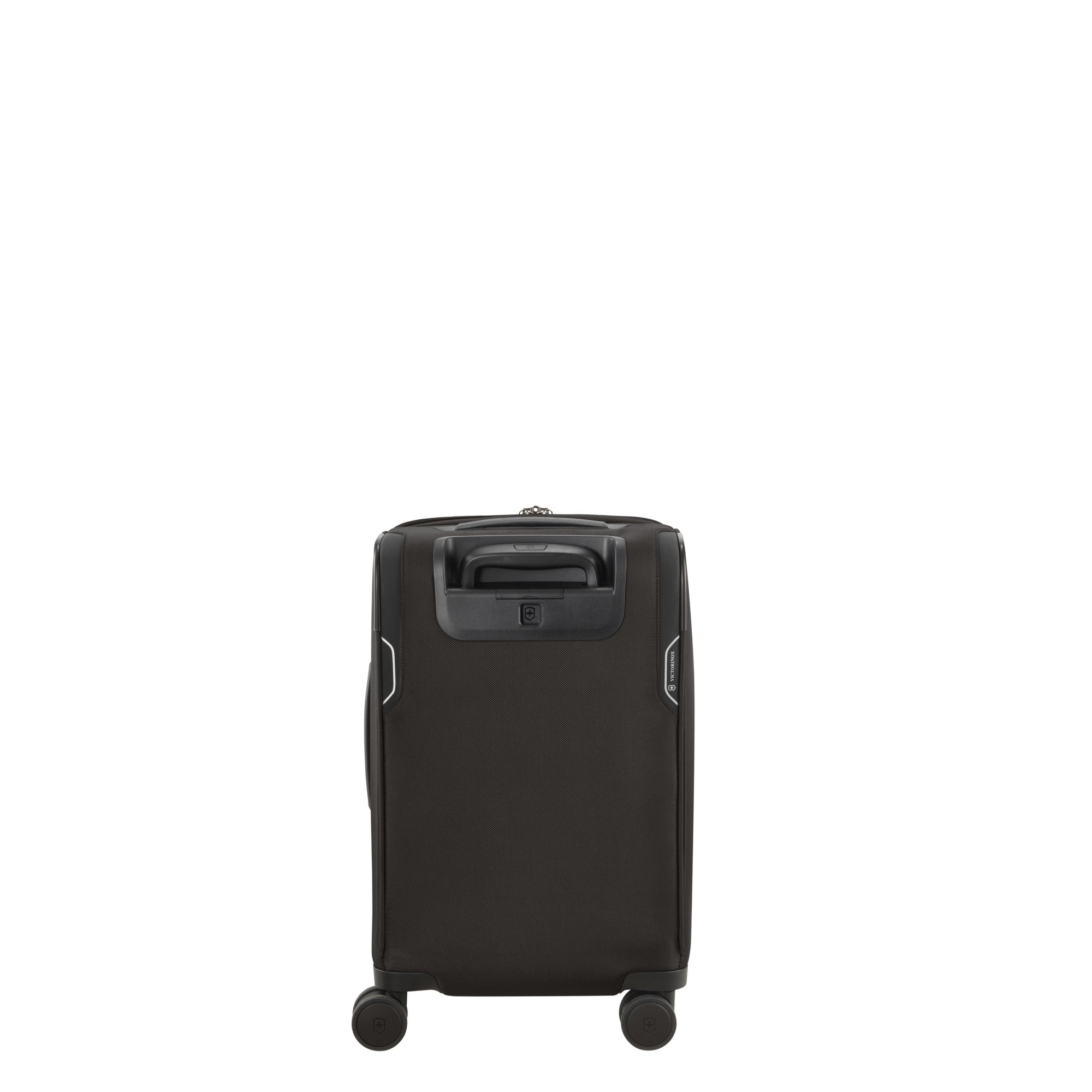 The VICTORINOX Werks 6.0 Frequent Flyer Carry-on, a sleek black suitcase with four wheels and an extended handle, stands upright against a white background. Its minimalist design features side zippers and includes a USB port for modern travelers.