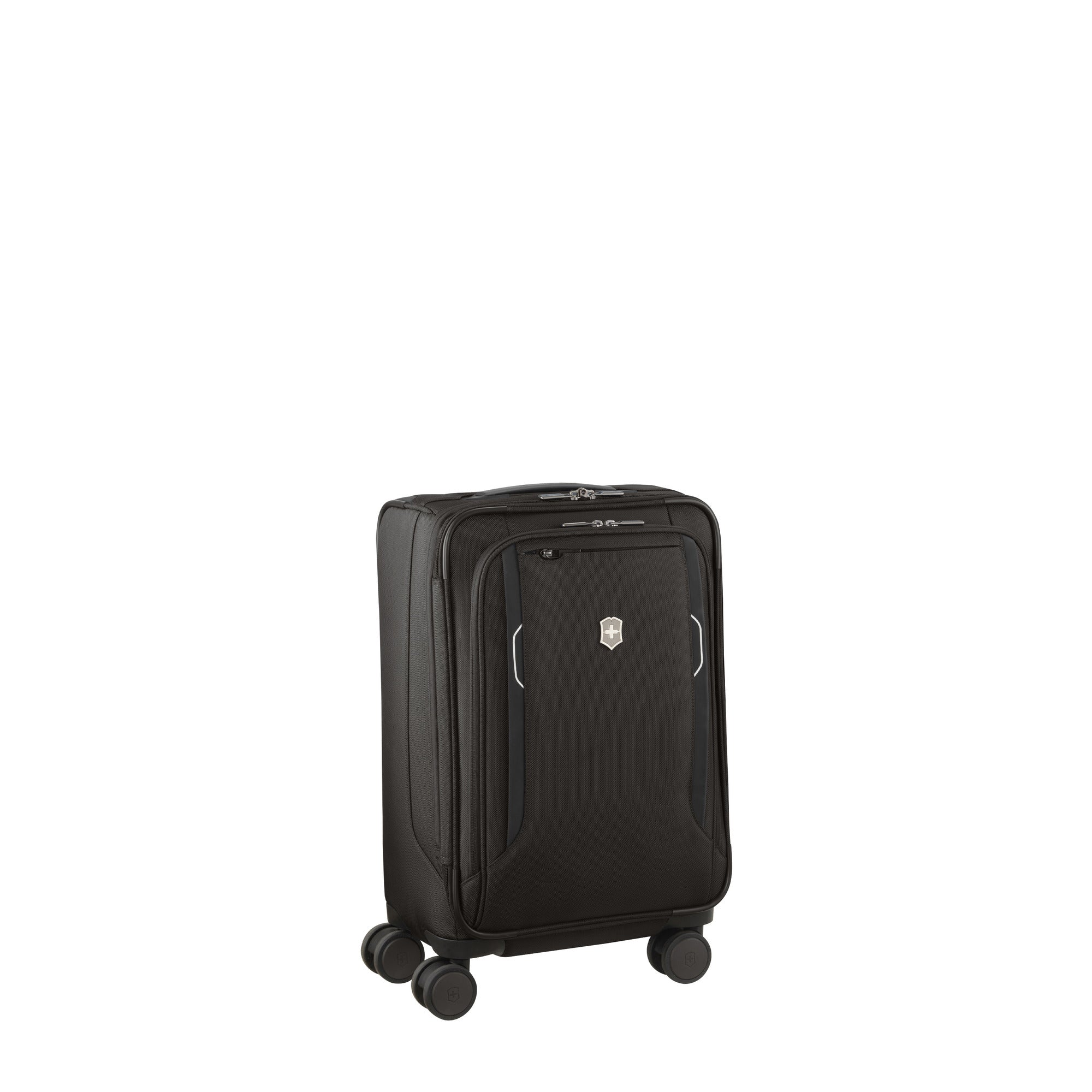 The Victorinox Werks 6.0 Frequent Flyer Carry-on by VICTORINOX is a sleek black four-wheel trolley with a textured surface, retractable handle, logo badge, front pocket, and USB port for charging on the go. Ideal for frequent flyers.