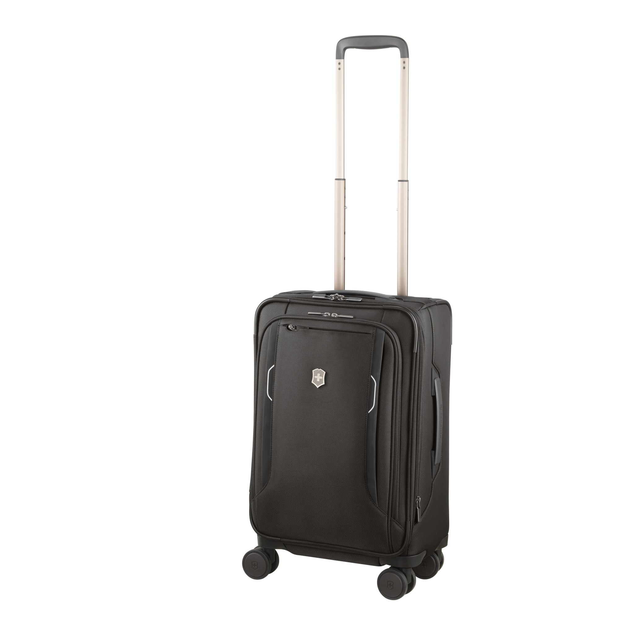 The VICTORINOX Victorinox Werks 6.0 Frequent Flyer Carry-on in black features a retractable handle, four wheels, small logo, zippered pockets, and a USB port, offering sleek design and functionality for modern travelers.