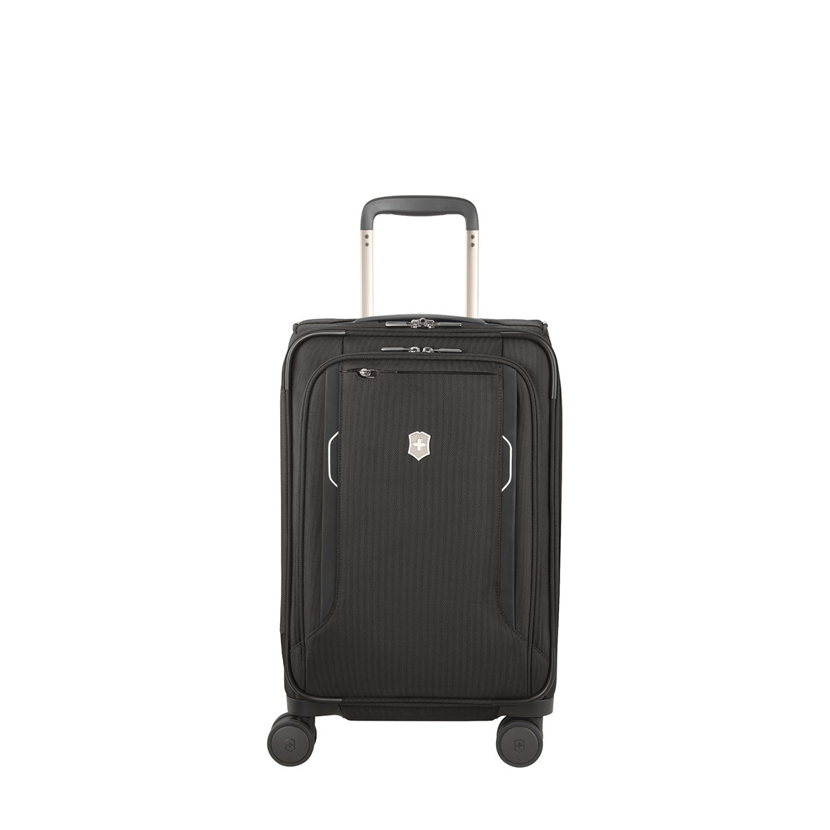 The VICTORINOX Werks 6.0 Frequent Flyer Carry-on is a black, soft-sided suitcase featuring four wheels, an extendable handle, a front zippered pocket with a silver emblem, and a convenient USB port for easy travel.