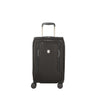 The VICTORINOX Werks 6.0 Frequent Flyer Carry-on is a black, soft-sided suitcase featuring four wheels, an extendable handle, a front zippered pocket with a silver emblem, and a convenient USB port for easy travel.
