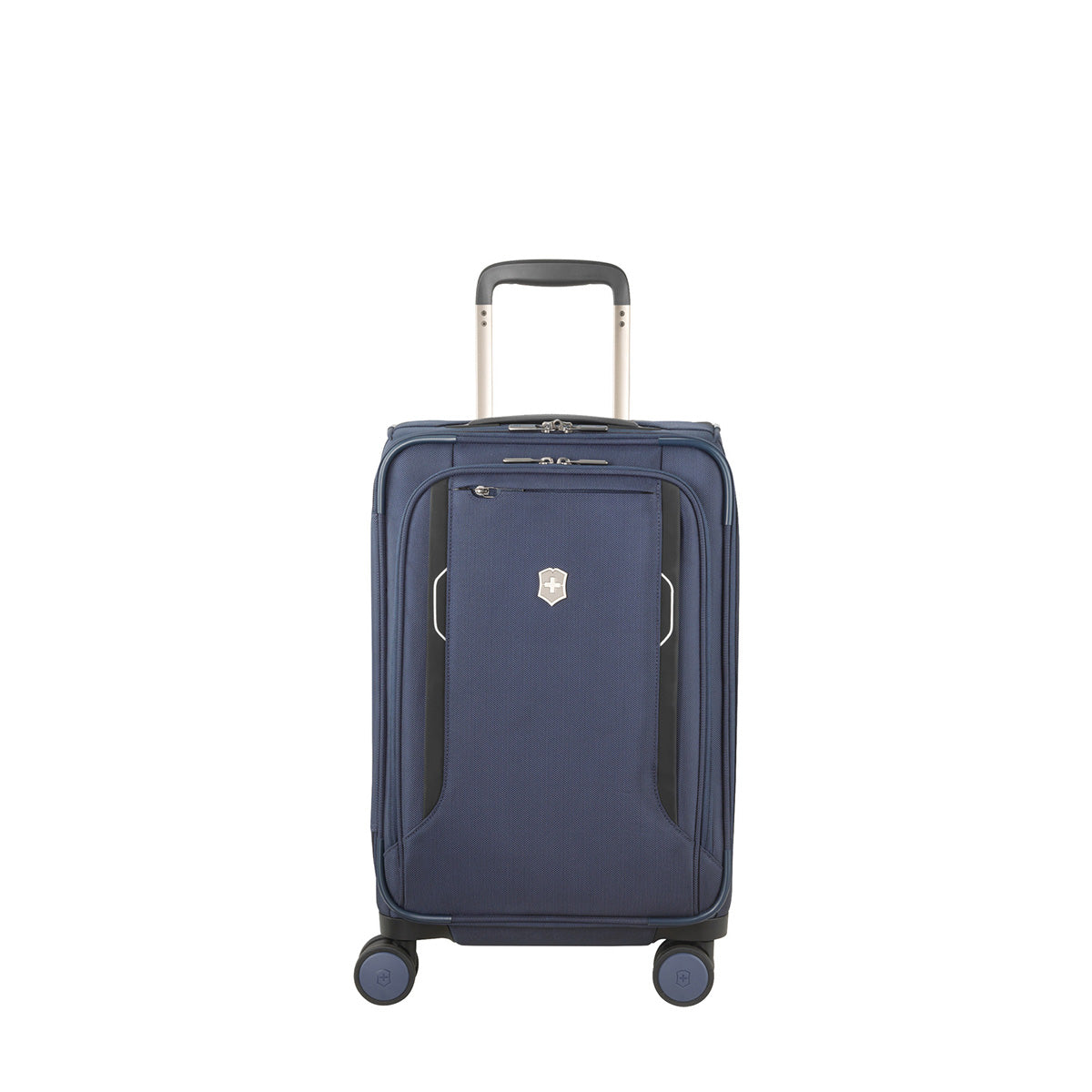 The VICTORINOX Werks 6.0 Frequent Flyer Carry-on in blue is equipped with four wheels, a telescopic handle, a silver logo, a zippered pocket, and an integrated USB port. It stands upright against a plain white background.